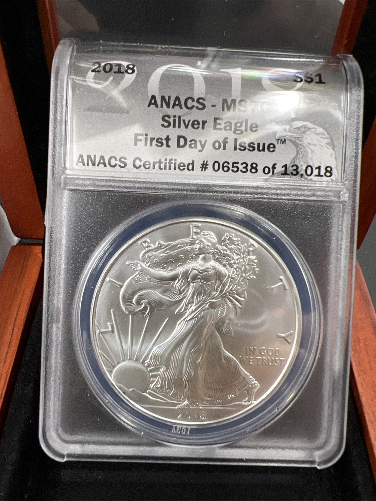 2018 1 oz ASE American Silver Eagle Coin MS70 Certified ANACS w/ Box #06538