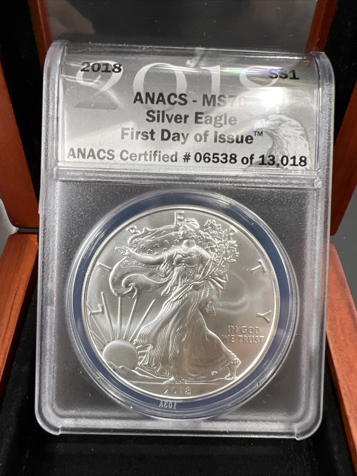 2018 1 oz ASE American Silver Eagle Coin MS70 Certified ANACS w/ Box #06538