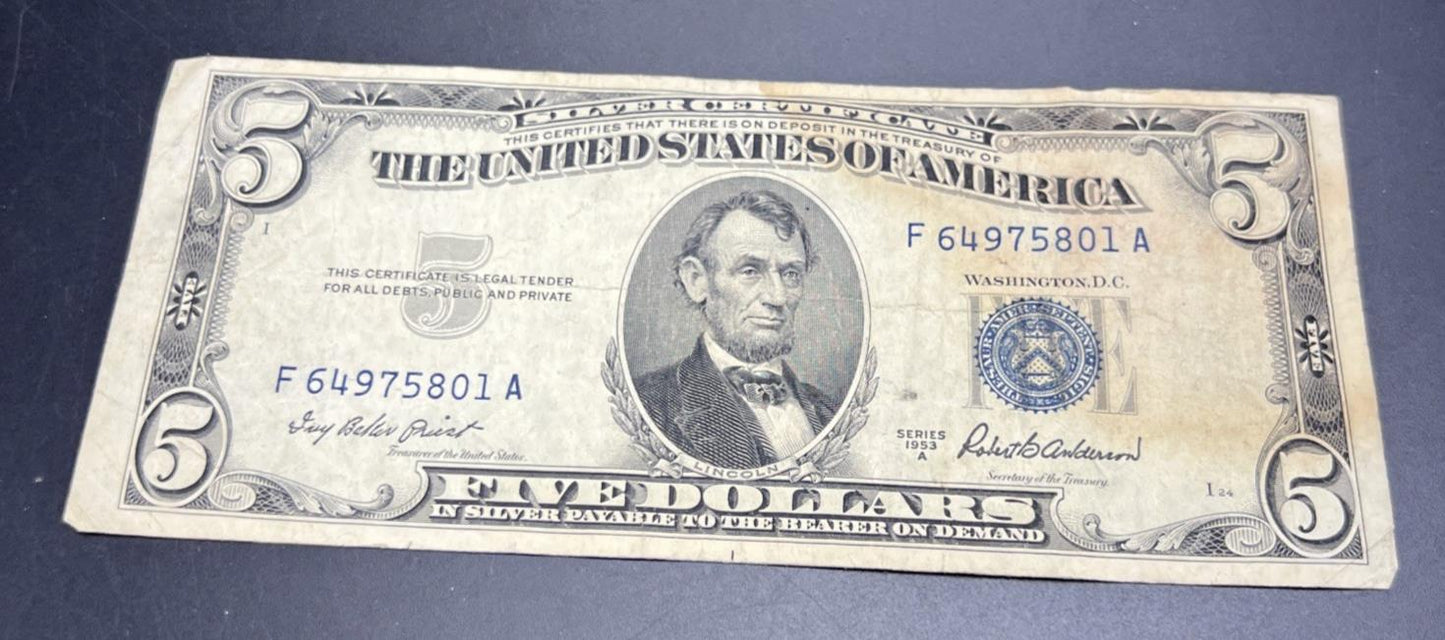 1953 A $5 Silver Certificate Blue Seal US Currency Bill VG / Fine Detail Stain A