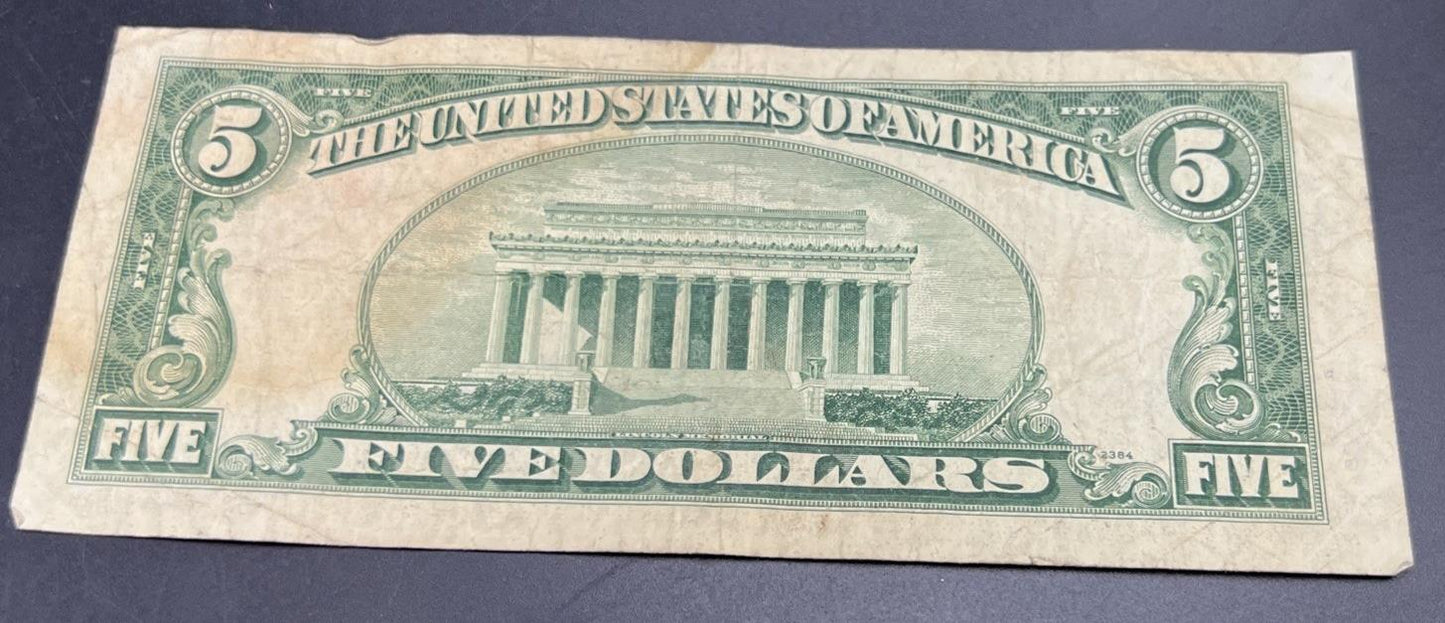 1953 A $5 Silver Certificate Blue Seal US Currency Bill VG / Fine Detail Stain A