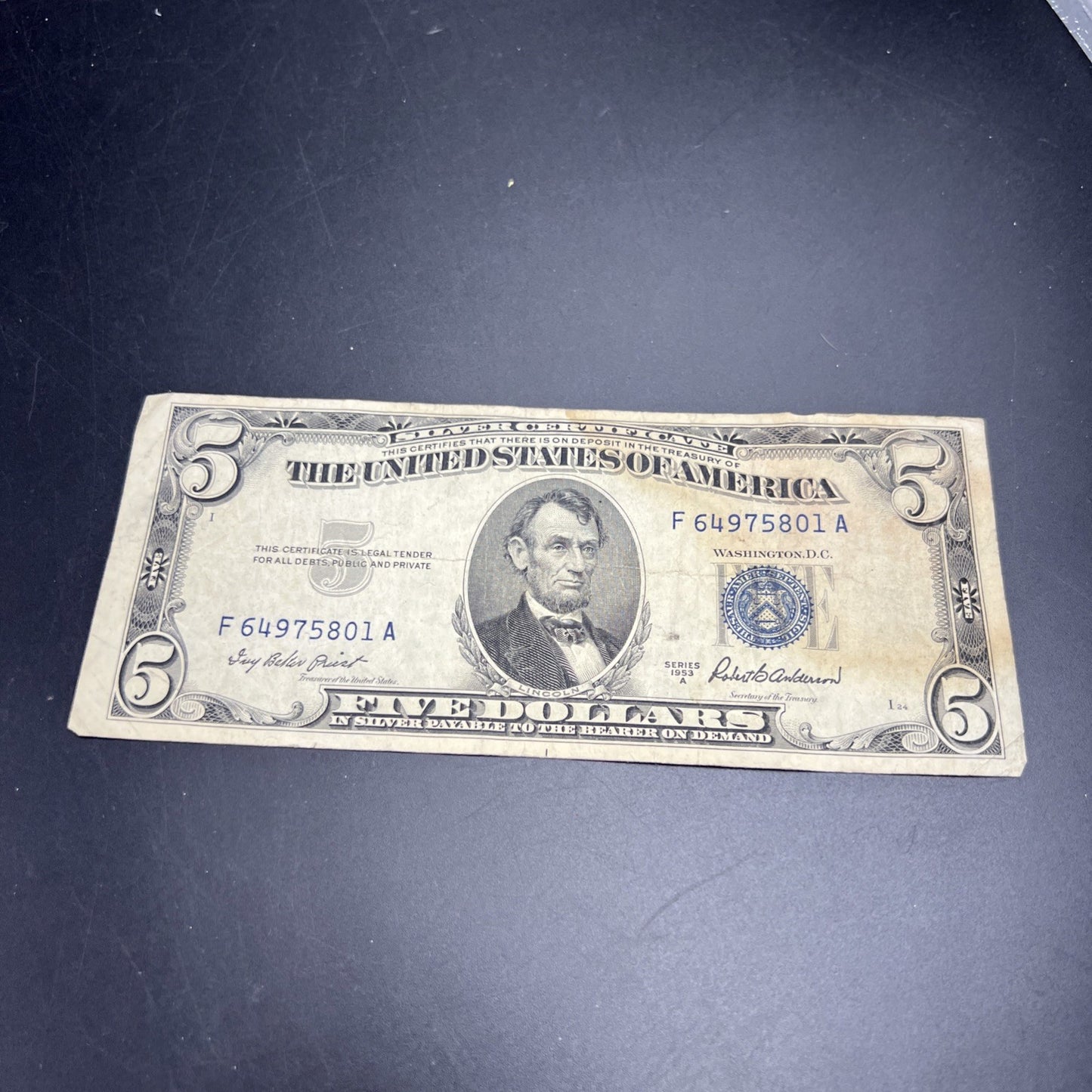 1953 A $5 Silver Certificate Blue Seal US Currency Bill VG / Fine Detail Stain A