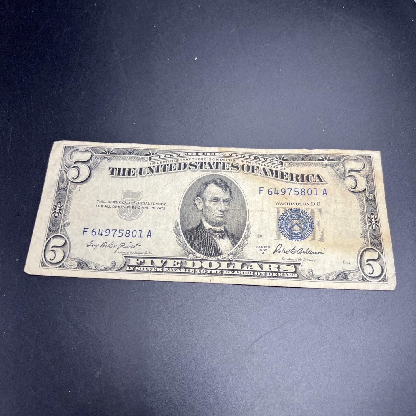 1953 A $5 Silver Certificate Blue Seal US Currency Bill VG / Fine Detail Stain A