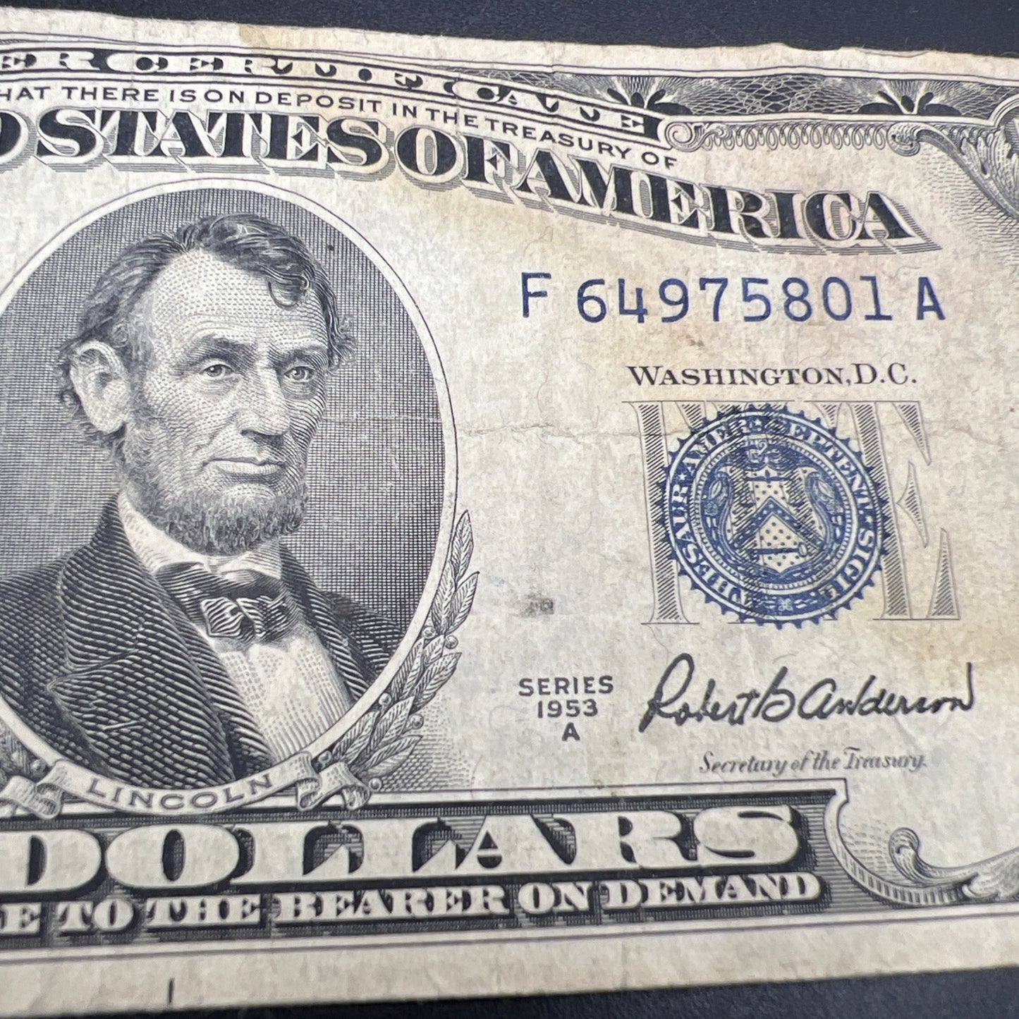 1953 A $5 Silver Certificate Blue Seal US Currency Bill VG / Fine Detail Stain A