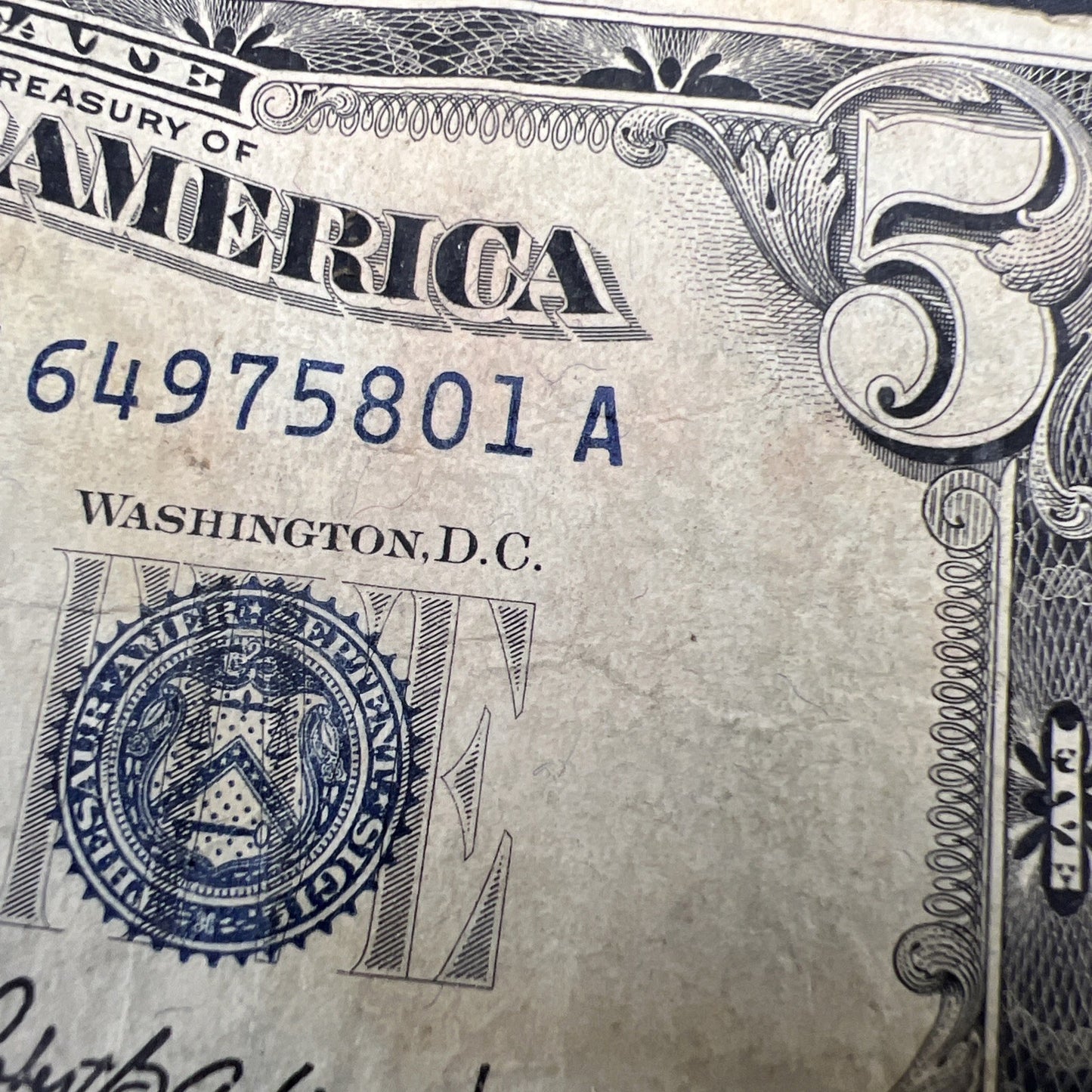 1953 A $5 Silver Certificate Blue Seal US Currency Bill VG / Fine Detail Stain A