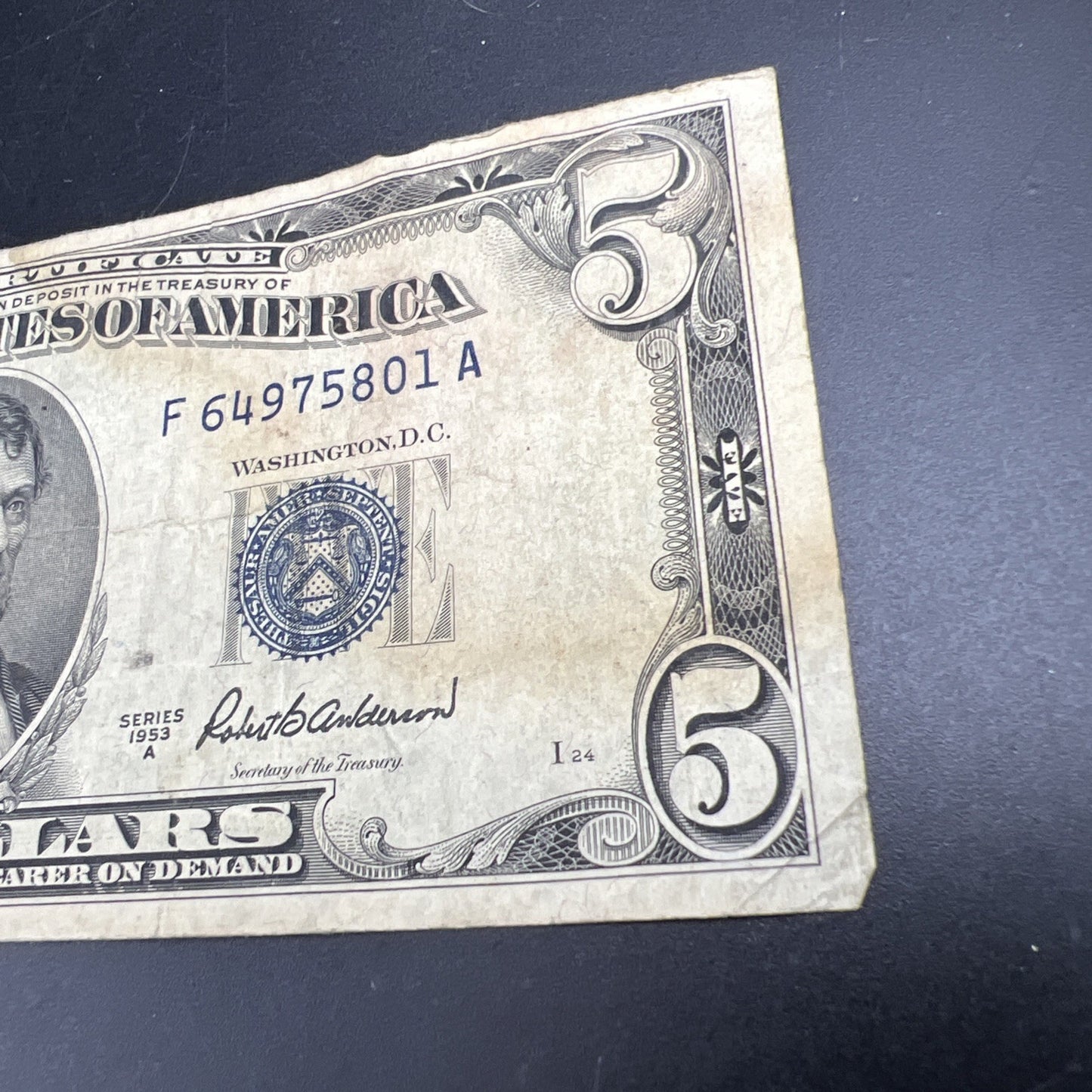 1953 A $5 Silver Certificate Blue Seal US Currency Bill VG / Fine Detail Stain A