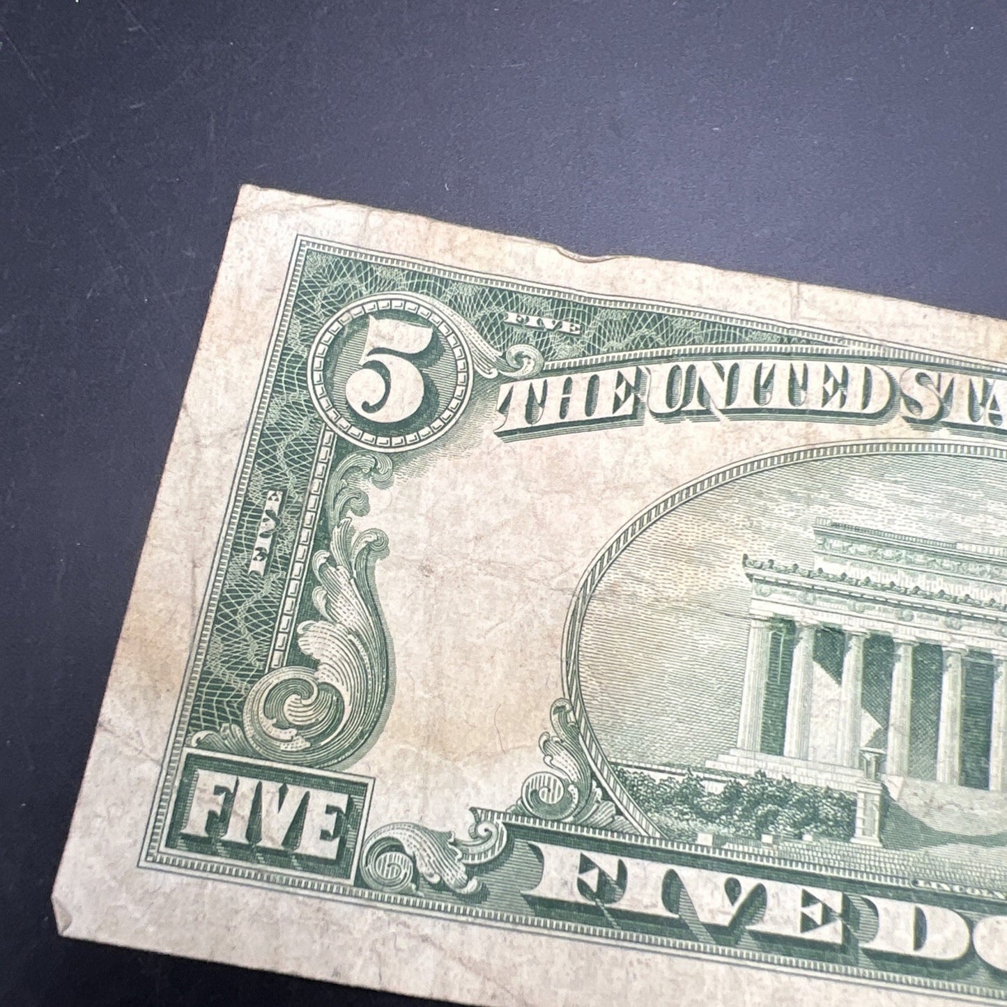 1953 A $5 Silver Certificate Blue Seal US Currency Bill VG / Fine Detail Stain A