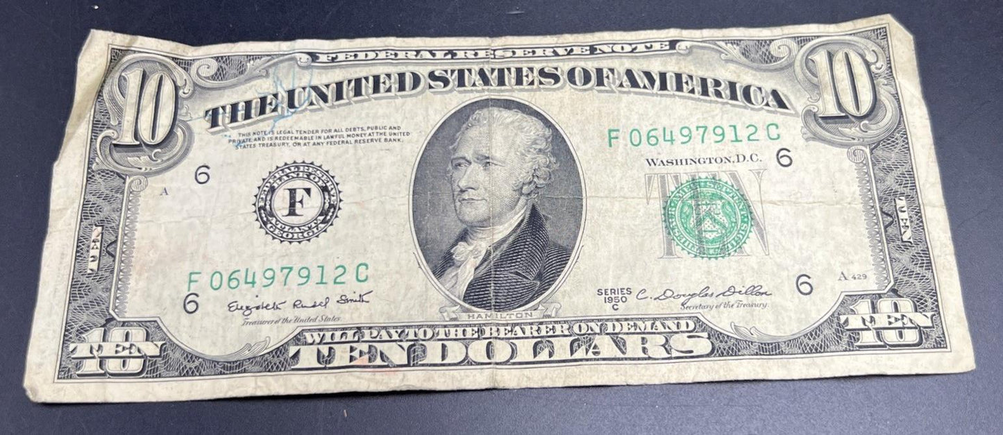 1950 C $10 Green Seal FRN Federal Reserve Note Very Circulated Cull #912