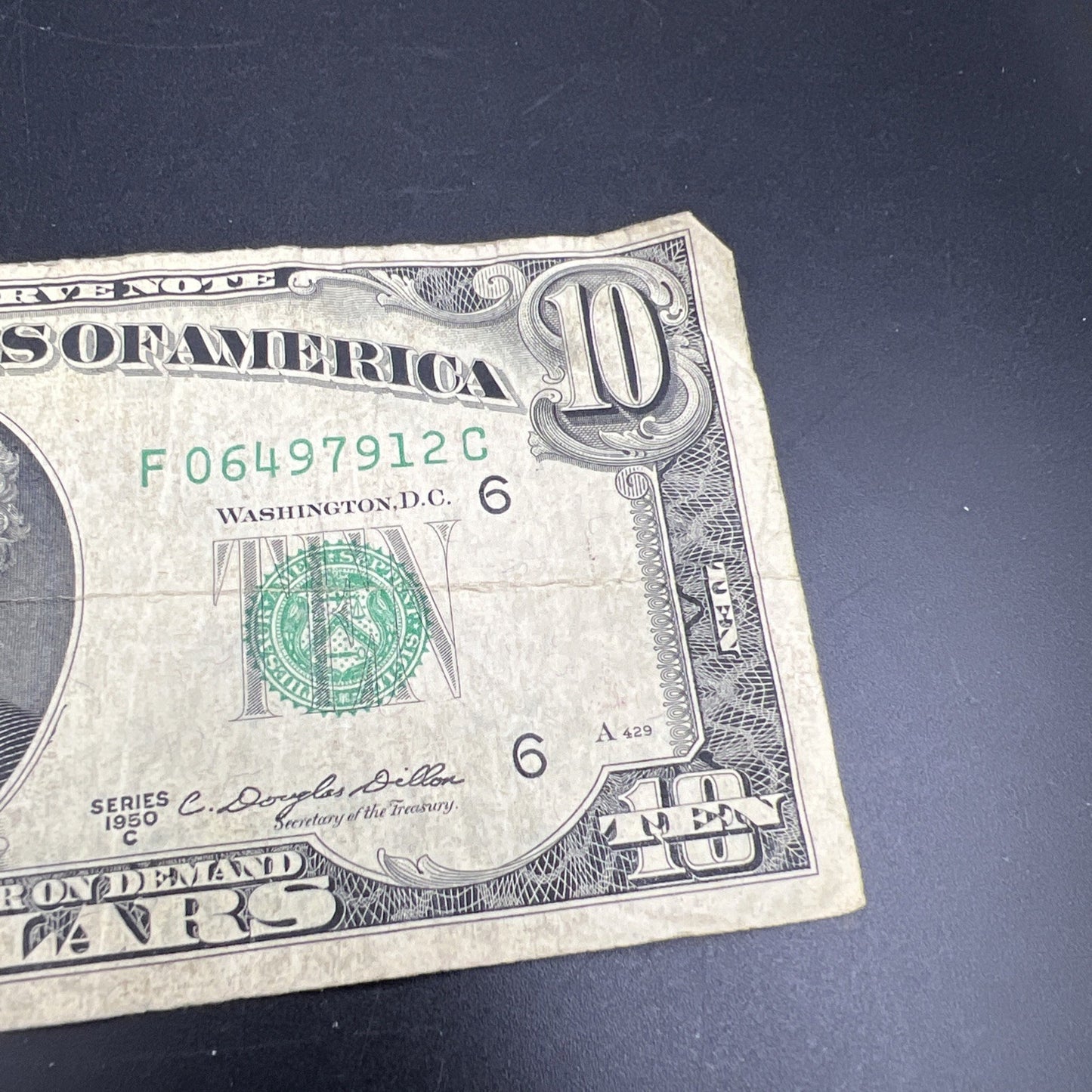 1950 C $10 Green Seal FRN Federal Reserve Note Very Circulated Cull #912