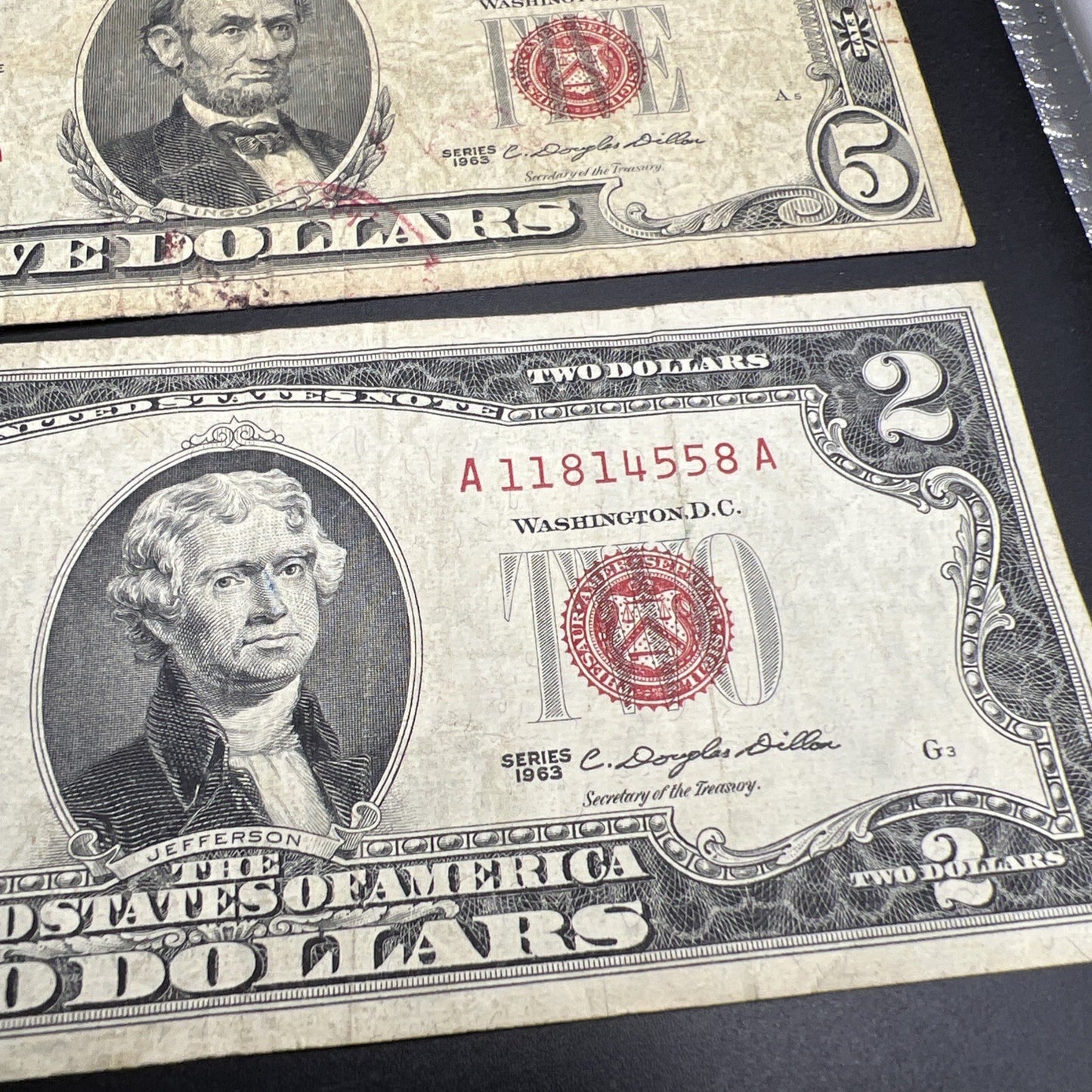 2 Note United States Legal Tender Red Seal Set 1963 $2 & $5 Bills Very Circ #558