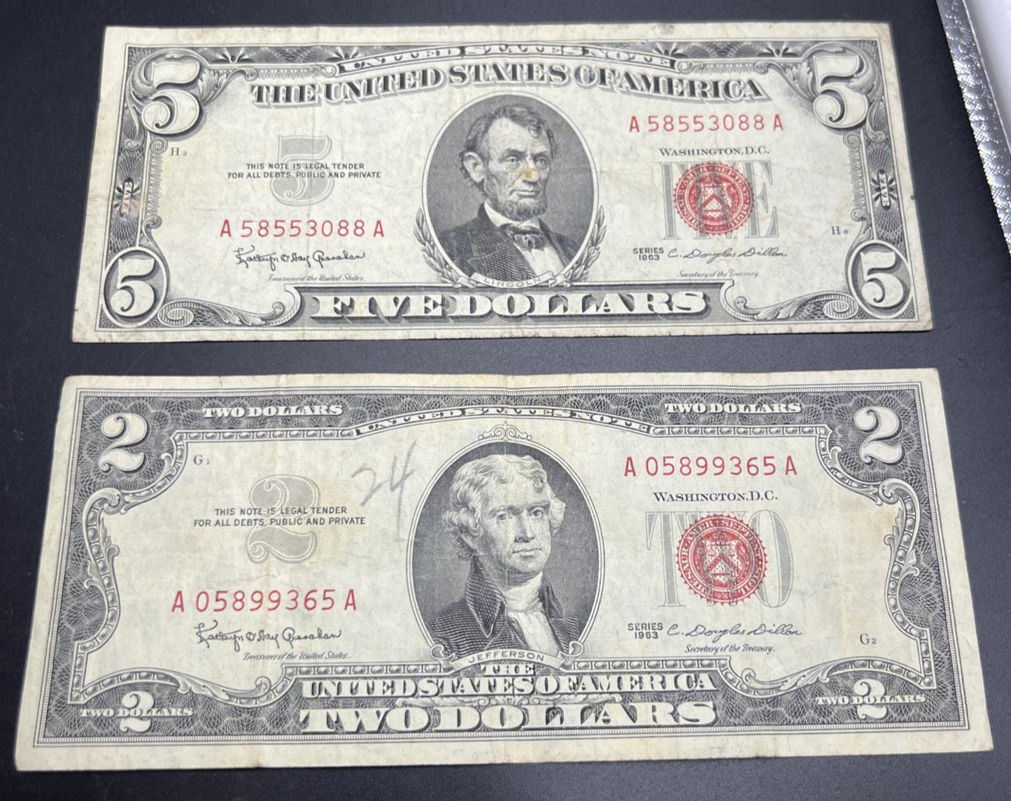 2 Note United States Legal Tender Red Seal Set 1963 $2 & $5 Bills VG Very Good #