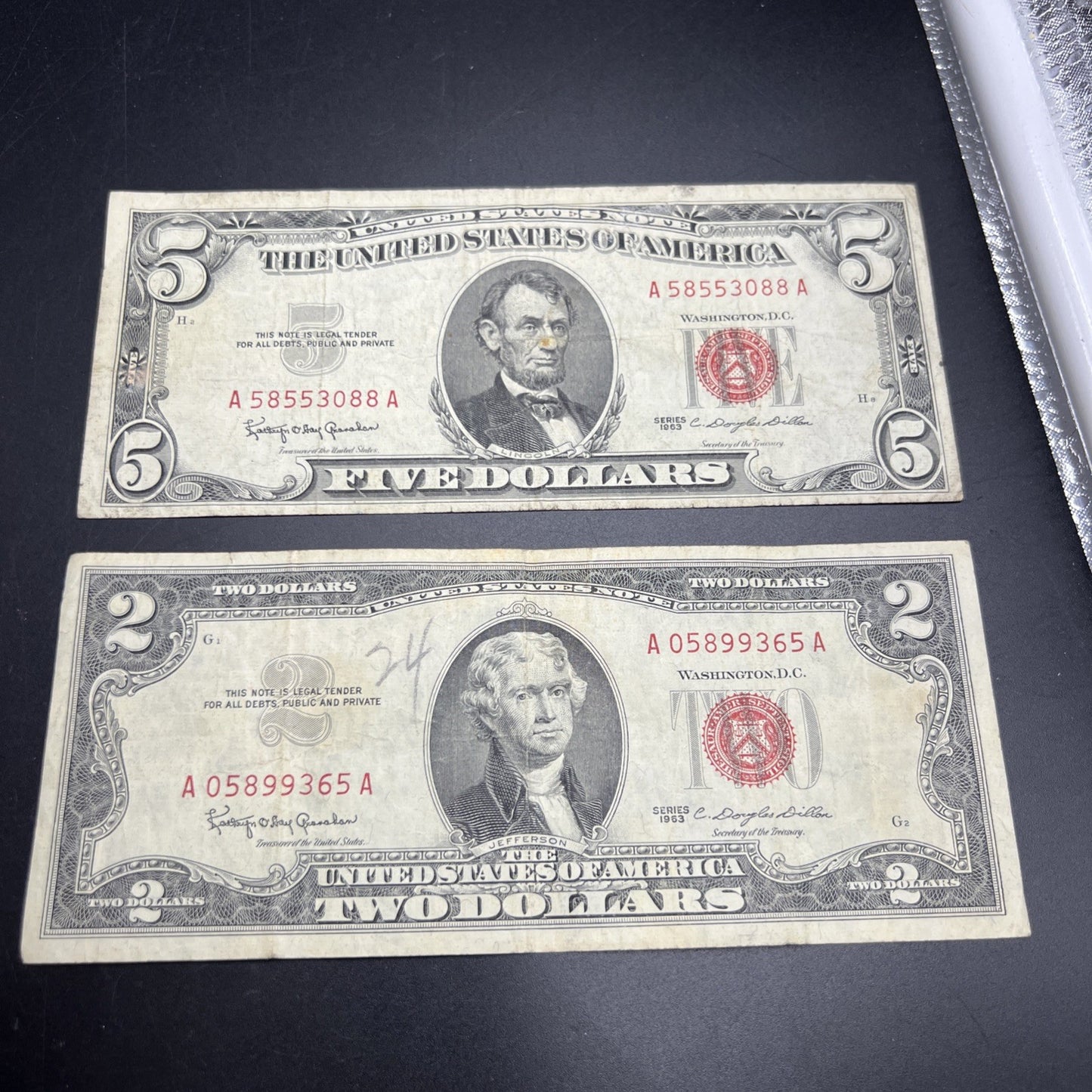 2 Note United States Legal Tender Red Seal Set 1963 $2 & $5 Bills VG Very Good #