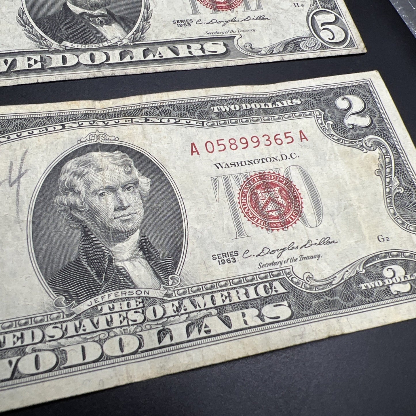 2 Note United States Legal Tender Red Seal Set 1963 $2 & $5 Bills VG Very Good #
