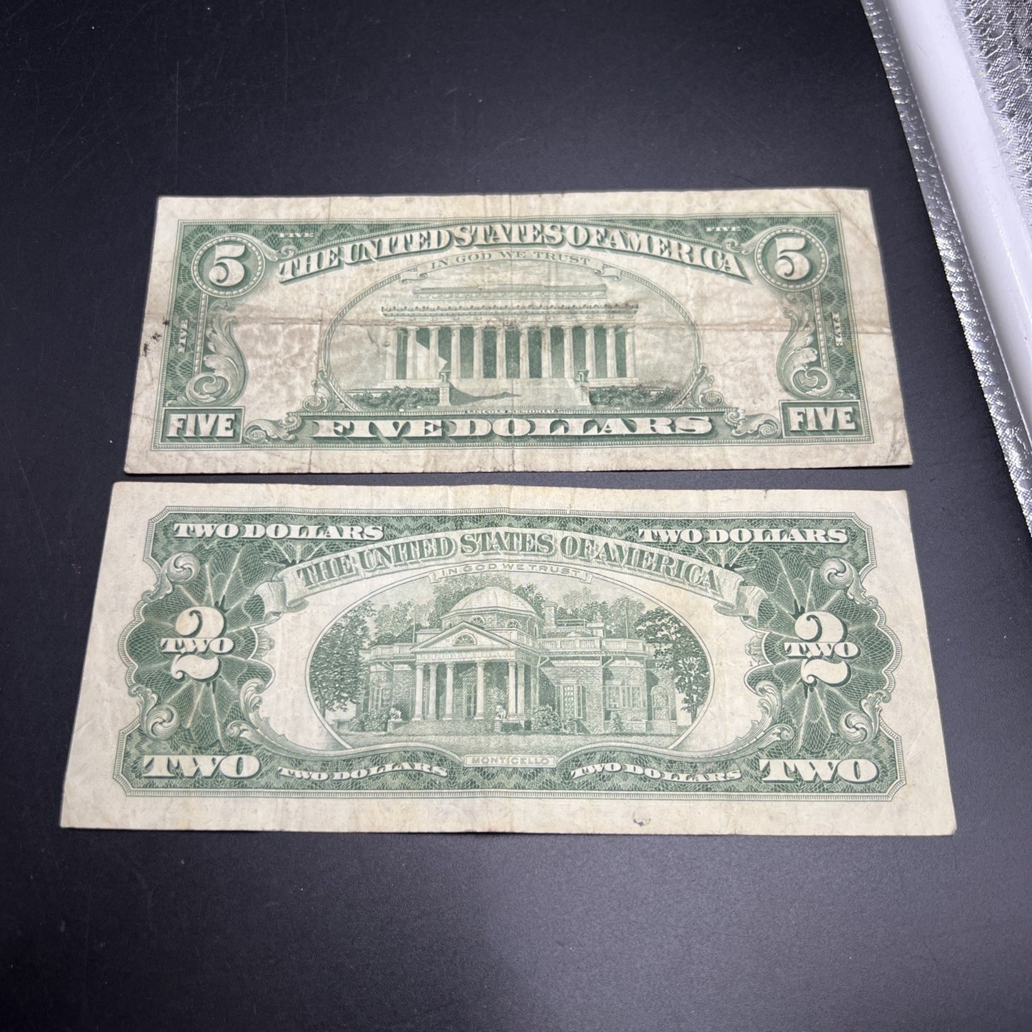 2 Note United States Legal Tender Red Seal Set 1963 $2 & $5 Bills VG Very Good #