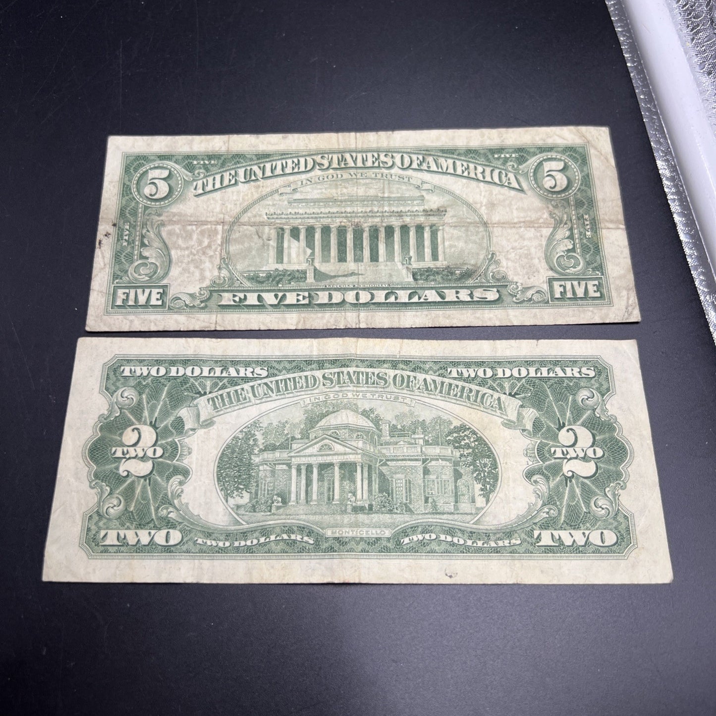2 Note United States Legal Tender Red Seal Set 1963 $2 & $5 Bills VG Very Good #