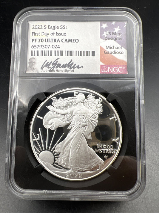 2022 W 1 oz ASE American Silver Eagle PF70 UCAM FDOI Michael Gaudioso Label #024