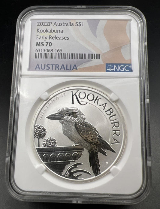 2022 Perth Australia Kookaburra 1 oz Silver Coin MS70 Flag Early Releases Label
