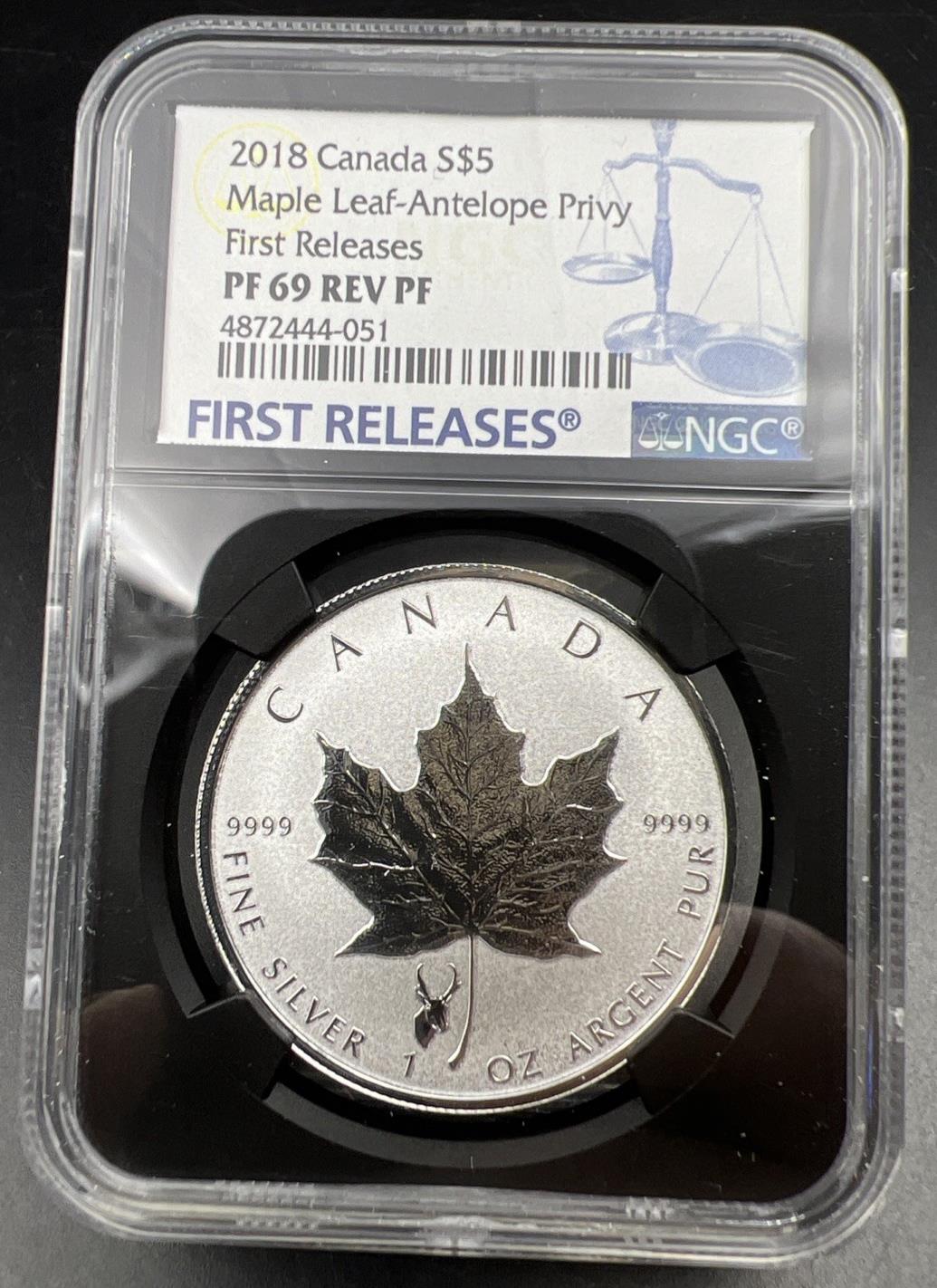 2018 Canada Maple Leaf $5 Coin Silver 1 oz NGC PF69 Reverse Proof Antelope Privy