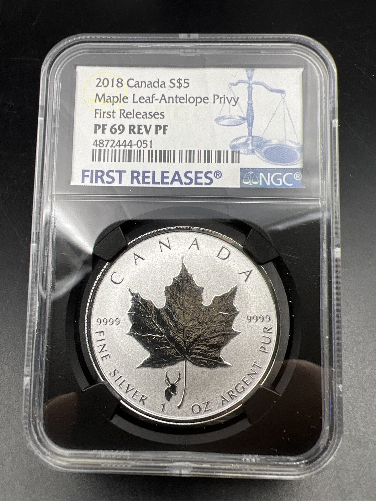2018 Canada Maple Leaf $5 Coin Silver 1 oz NGC PF69 Reverse Proof Antelope Privy