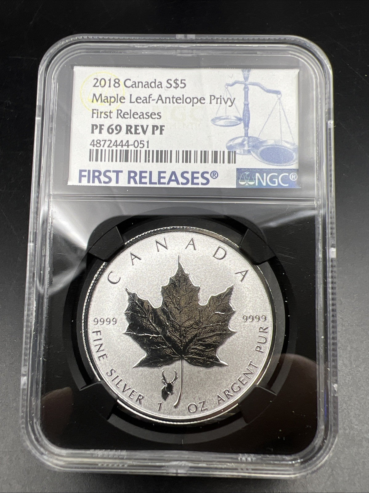 2018 Canada Maple Leaf $5 Coin Silver 1 oz NGC PF69 Reverse Proof Antelope Privy