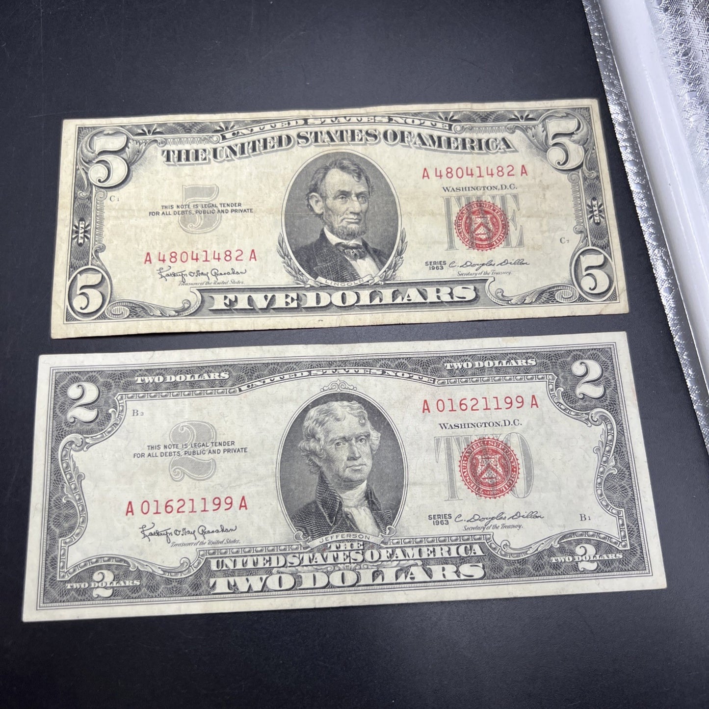 2 Note United States Legal Tender Red Seal Set 1963 $2 & $5 Bills VG Circ #199