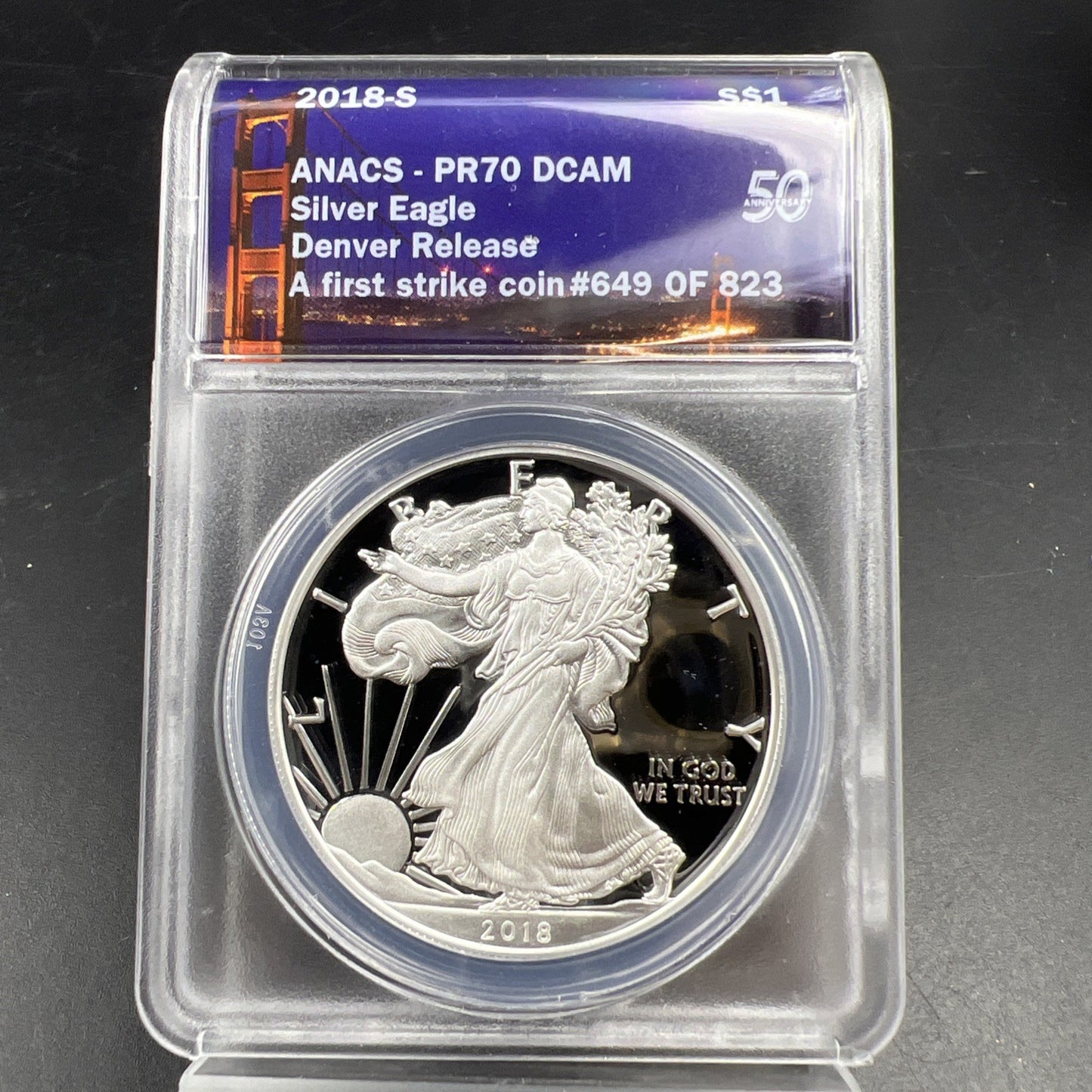 2018 S Proof American Silver Eagle Coin ANACS PR70 Denver Release Holder