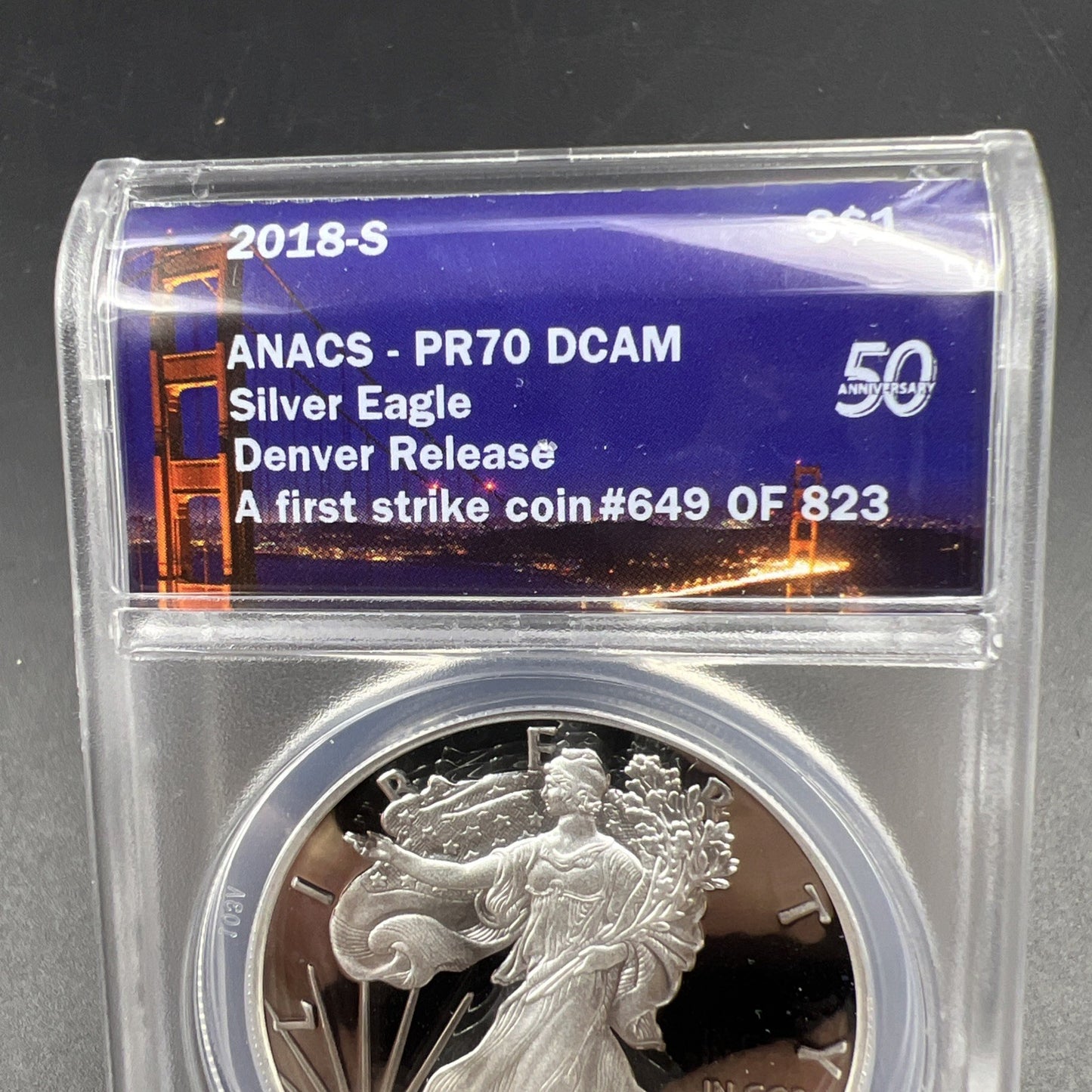 2018 S Proof American Silver Eagle Coin ANACS PR70 Denver Release Holder