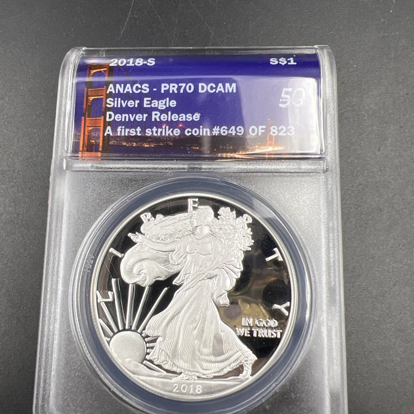 2018 S Proof American Silver Eagle Coin ANACS PR70 Denver Release Holder