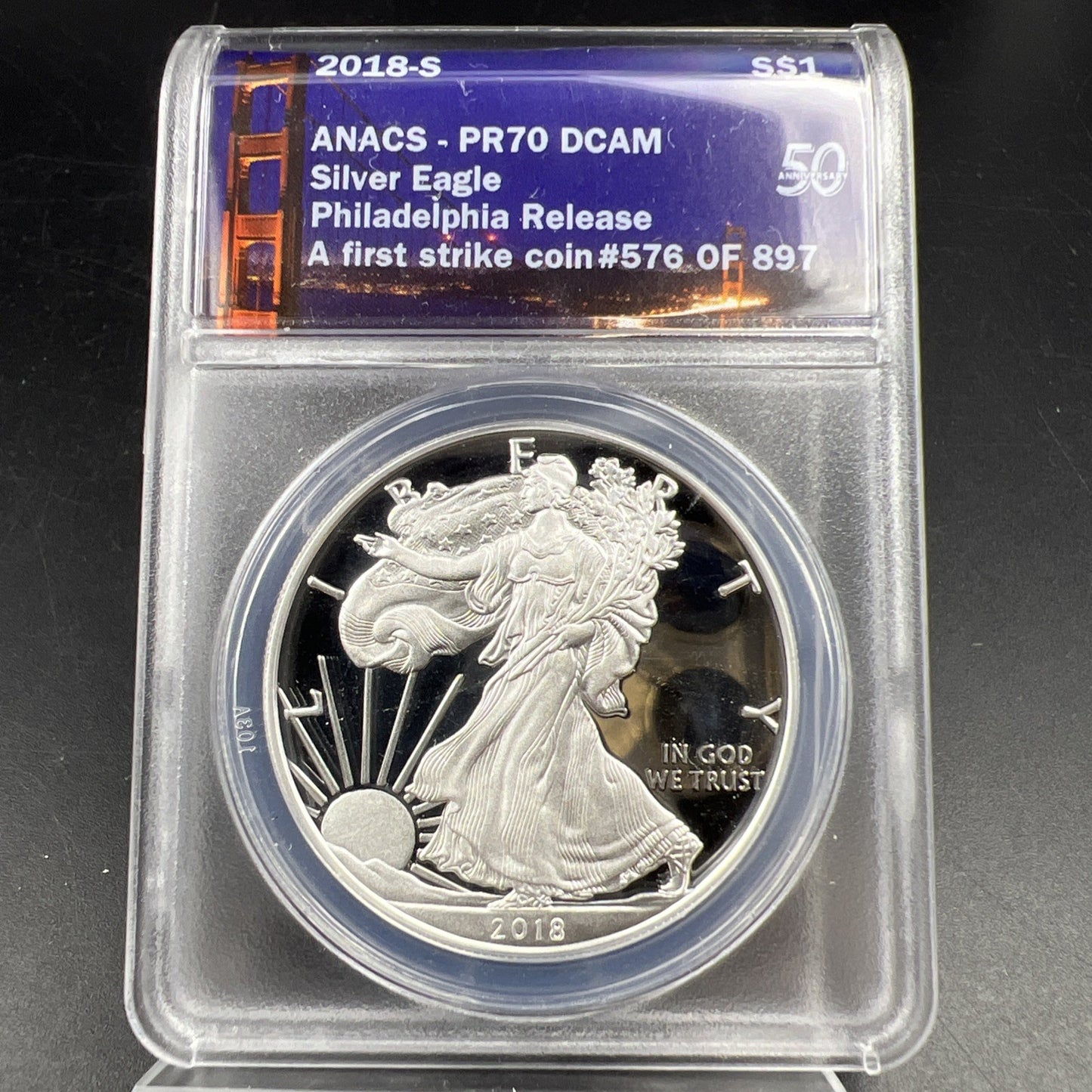 2018 S Proof American Silver Eagle Coin ANACS PR70 Philadelphia Release Holder
