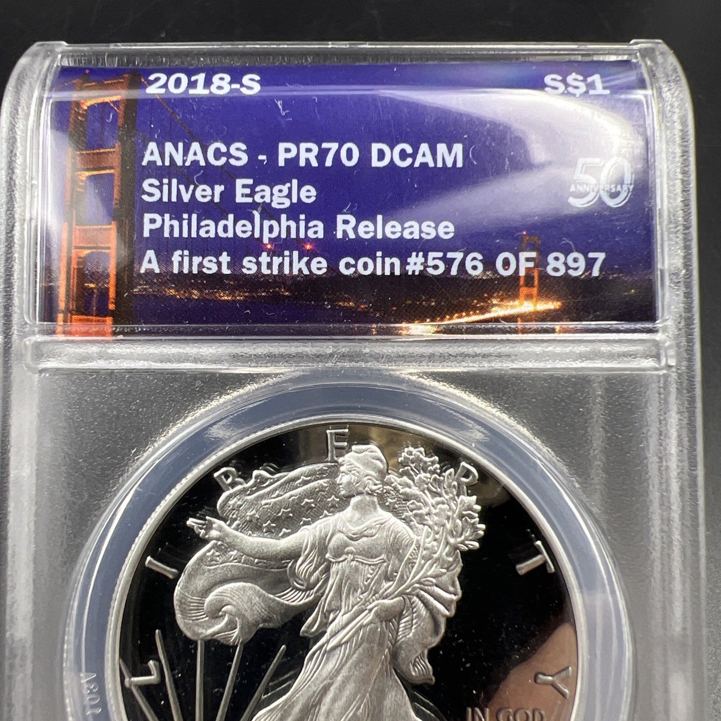 2018 S Proof American Silver Eagle Coin ANACS PR70 Philadelphia Release Holder