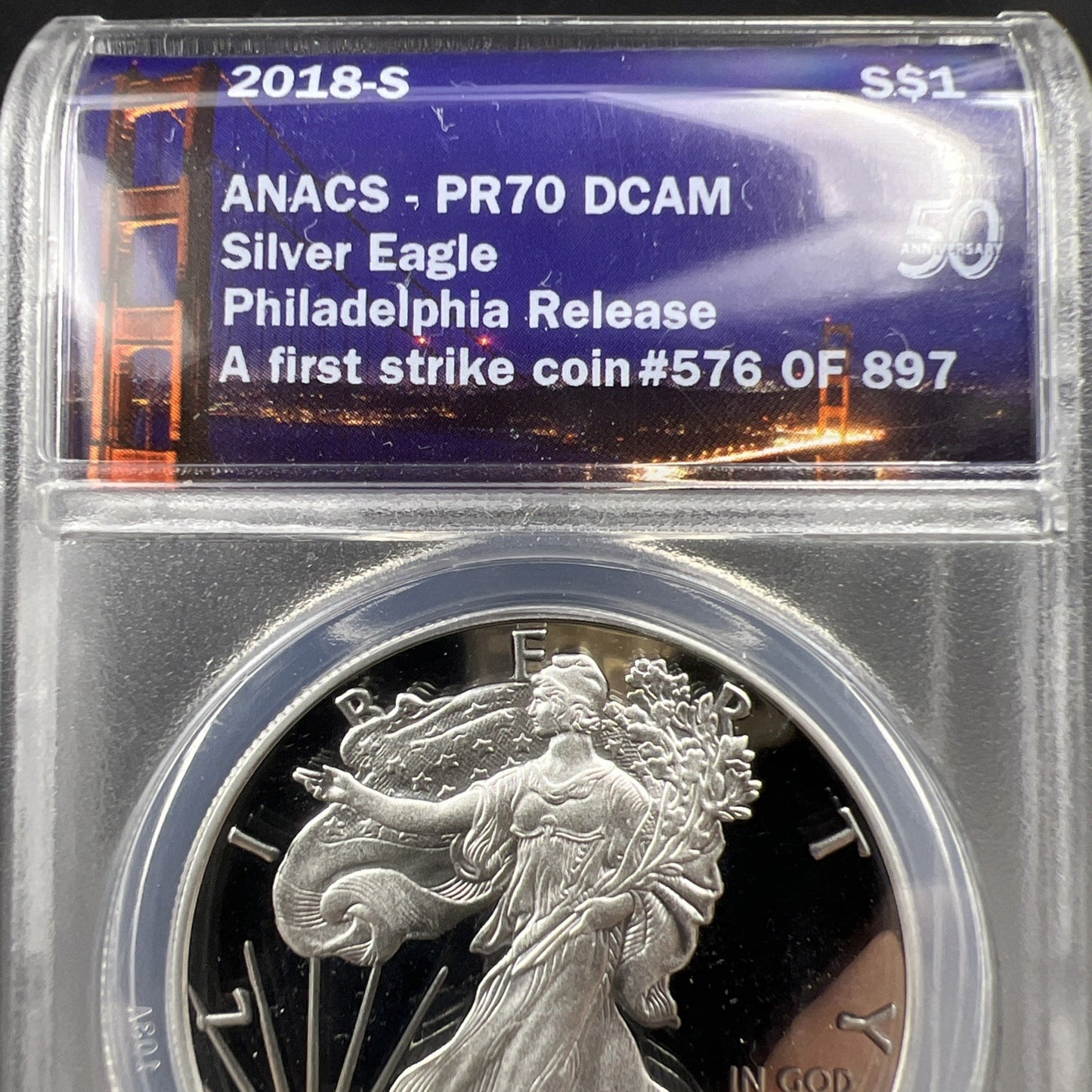 2018 S Proof American Silver Eagle Coin ANACS PR70 Philadelphia Release Holder