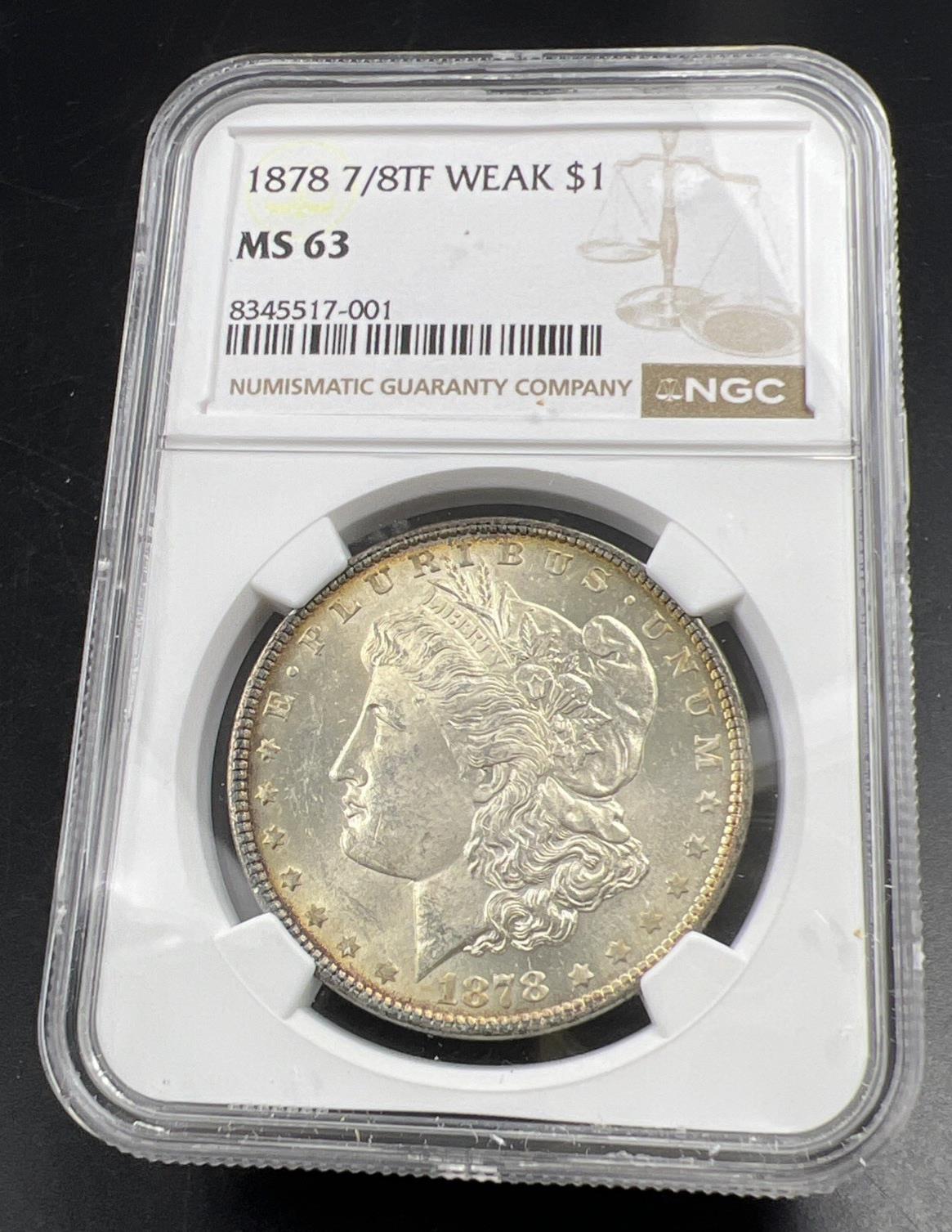 1878 7/8 TF Weak Tailfeathers VAM 33A Clash & Double Legs Morgan Dollar NGC MS63