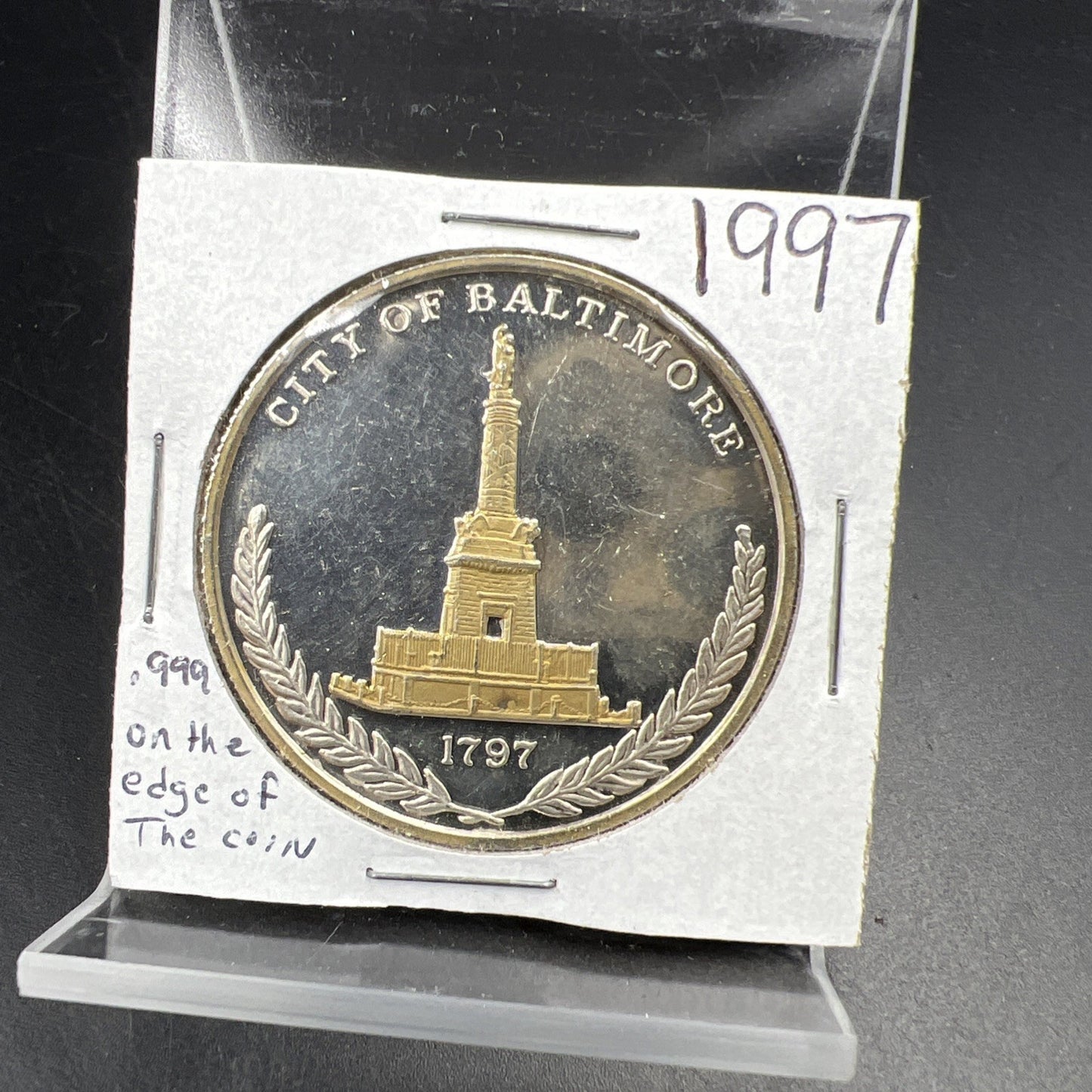 1997 City of Baltimore Bicentennial 1 oz .999 Fine Silver Coin Some Toning
