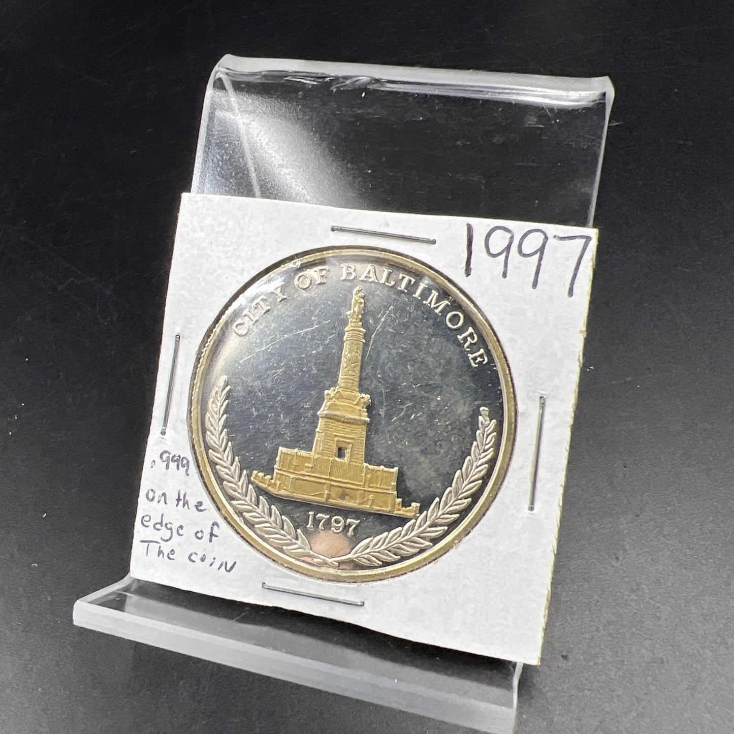 1997 City of Baltimore Bicentennial 1 oz .999 Fine Silver Coin Some Toning