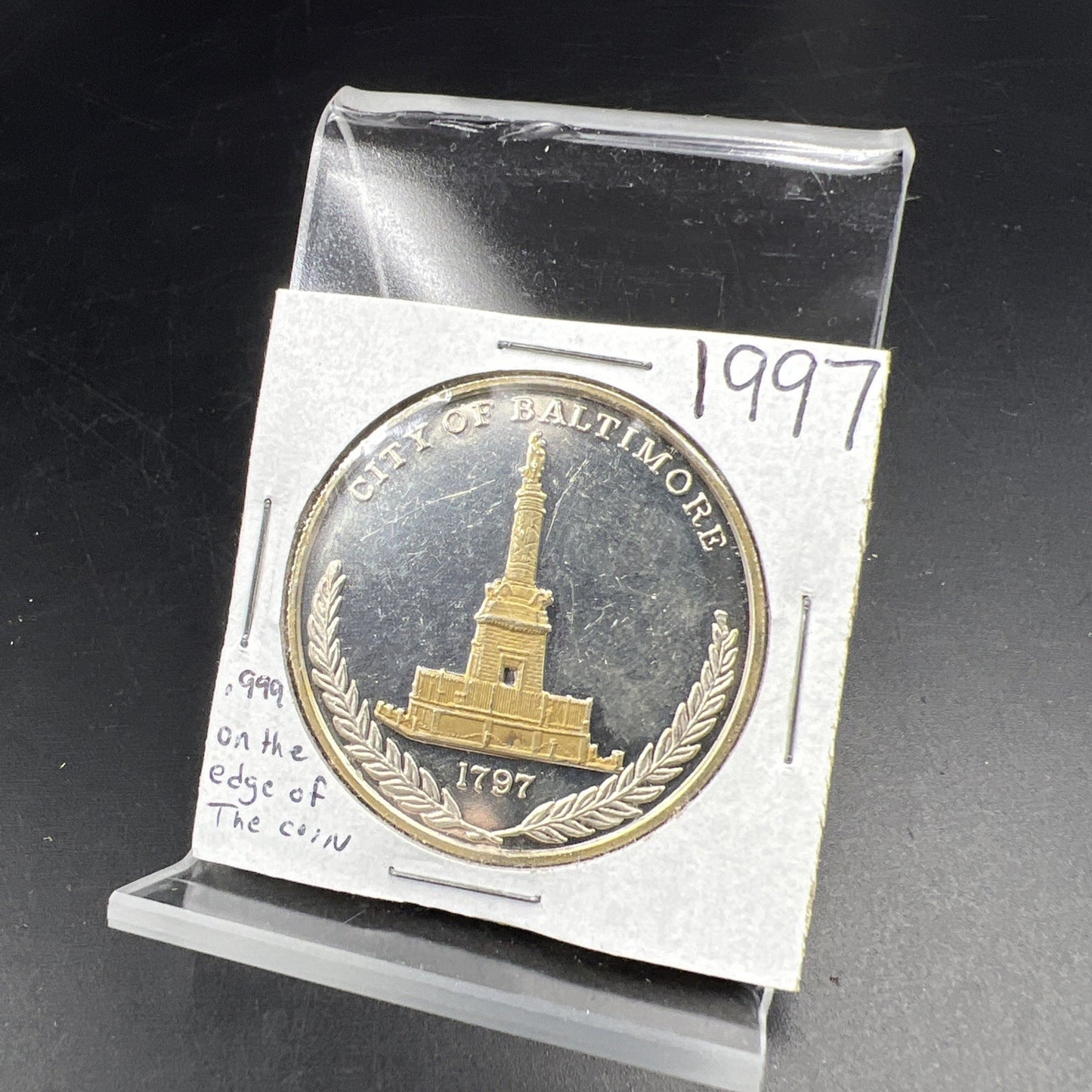 1997 City of Baltimore Bicentennial 1 oz .999 Fine Silver Coin Some Toning