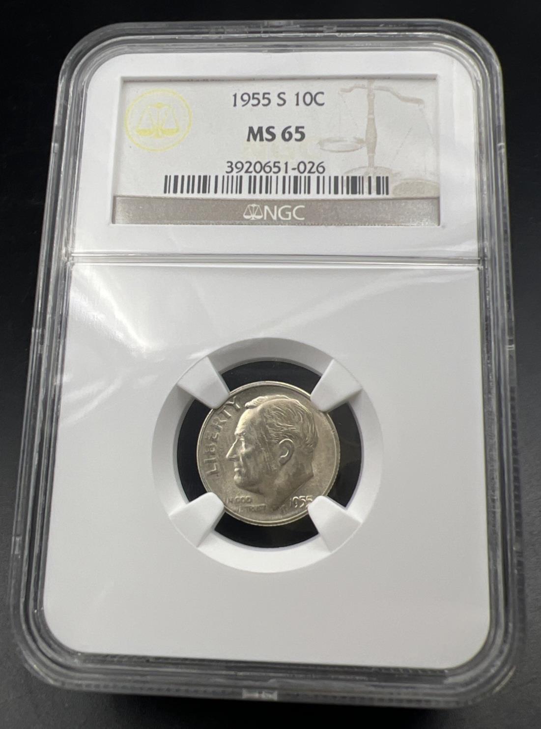 1955 S 10c Roosevelt Silver Dime Coin MS65 Gem BU Certified #026