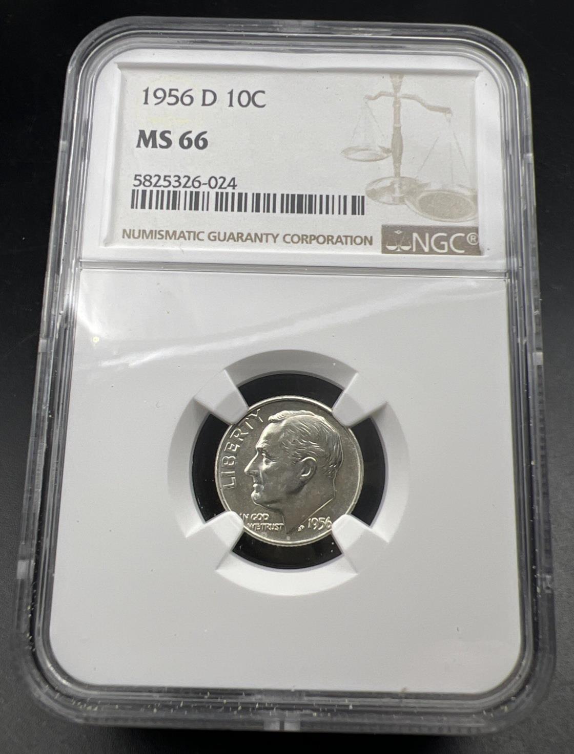 1956 D 10c Roosevelt Silver Dime Coin MS66 NGC Gem BU Certified #024