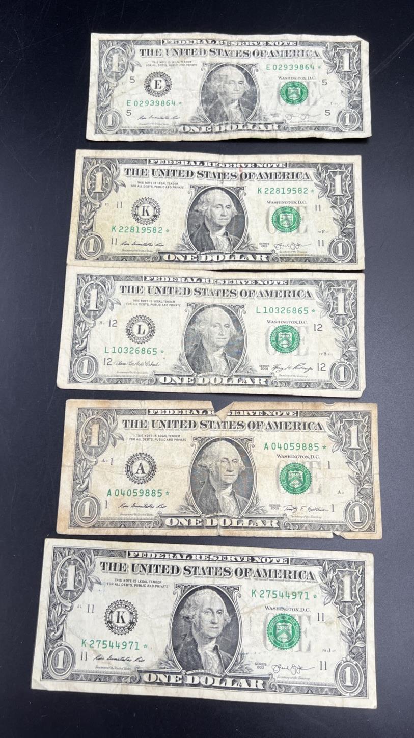 Lot of 5 2009 2013 * $1 FRN Federal Reserve Notes Star Notes Very Circulated