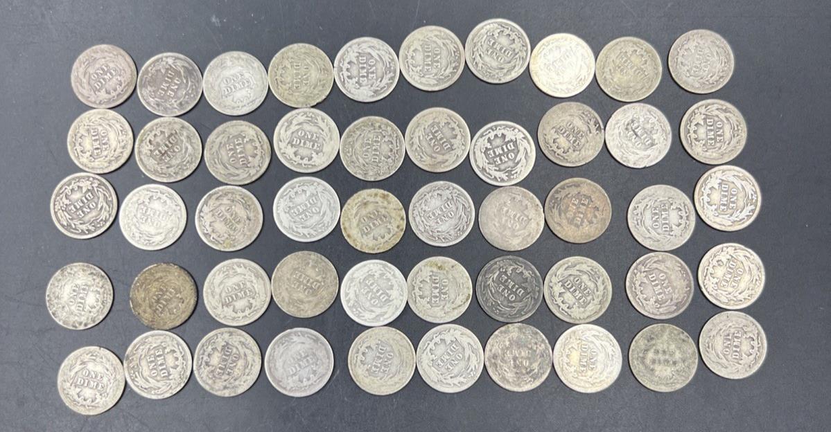 Barber 90% Silver Dimes 50 Coin Cull / AG / G - Very Circ 50 coin Roll SKU#5.29A