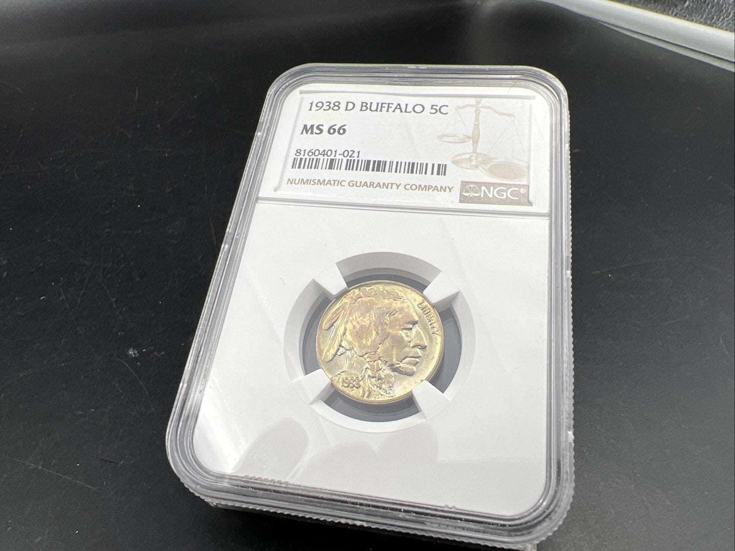 1938 D 5c Buffalo Nickel Coin GEM BU MS66 NGC PQ Toning Toner