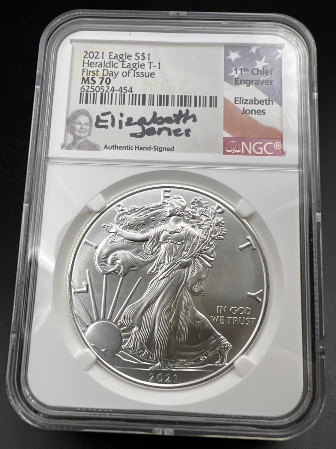 2021 T1 American Silver Eagle Coin NGC MS70 Elizabeth Jones Holder #454