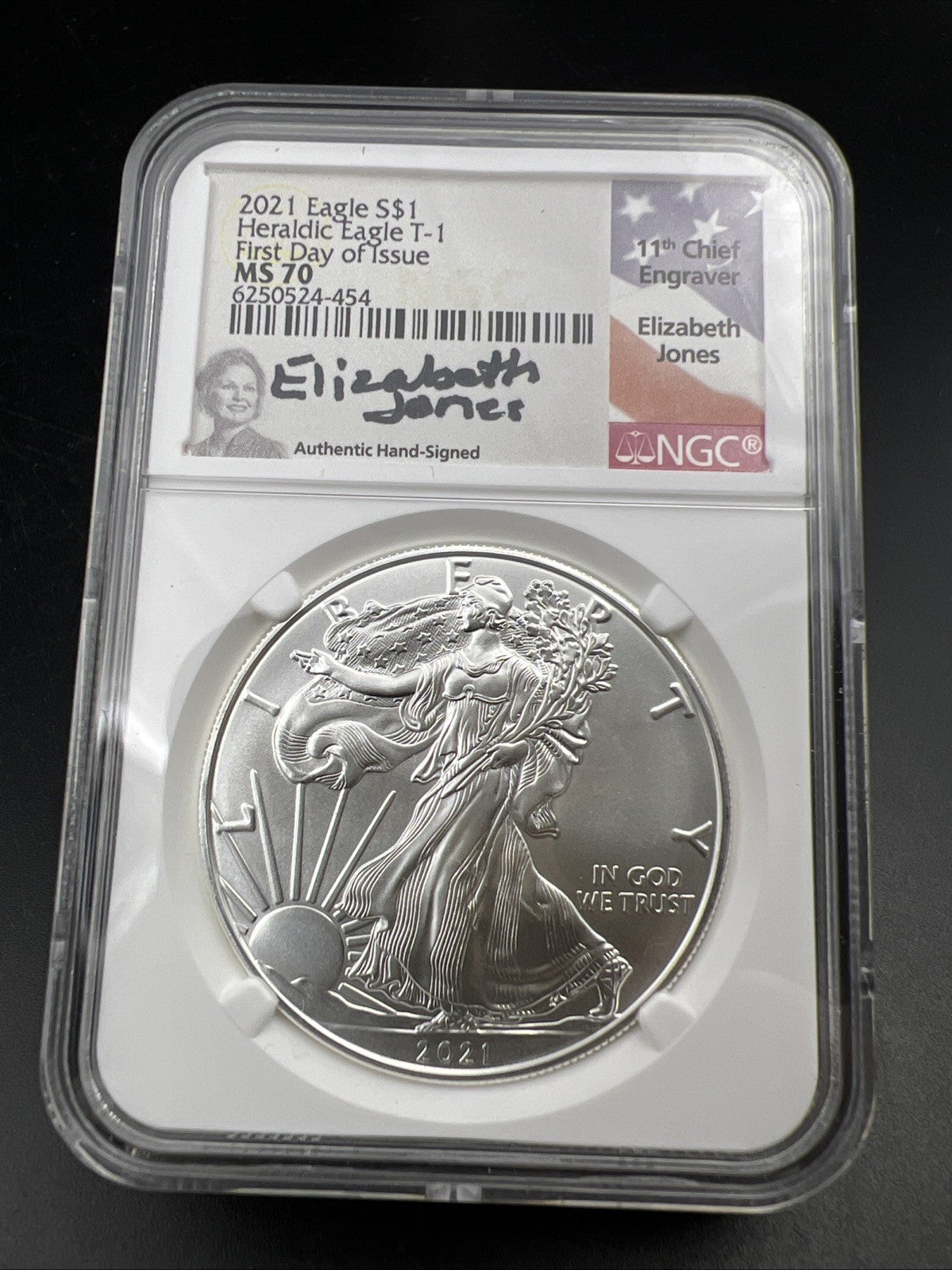 2021 T1 American Silver Eagle Coin NGC MS70 Elizabeth Jones Holder #454