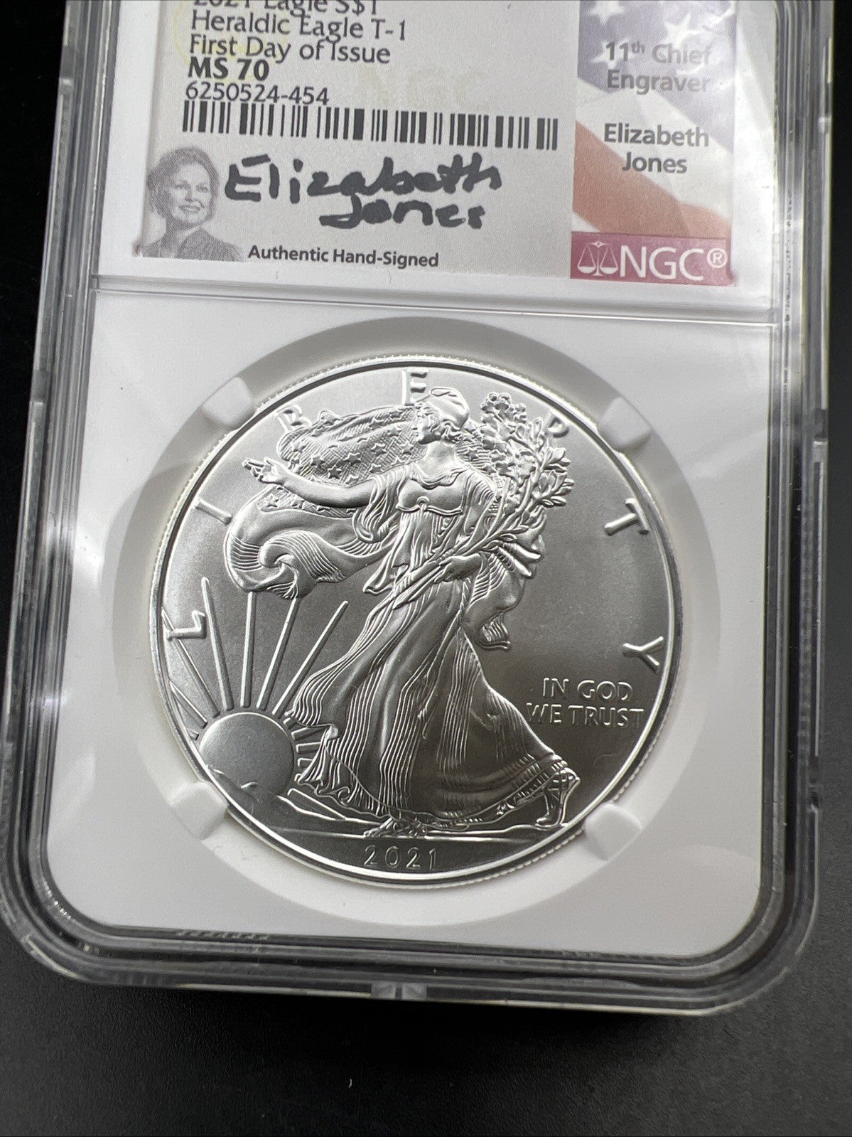 2021 T1 American Silver Eagle Coin NGC MS70 Elizabeth Jones Holder #454