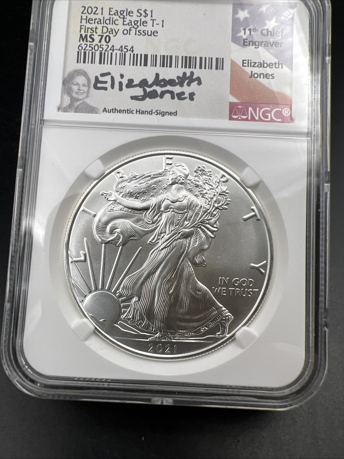 2021 T1 American Silver Eagle Coin NGC MS70 Elizabeth Jones Holder #454