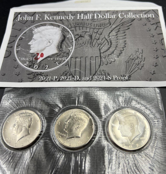 3 Coin Set 2021 Kennedy 50c Copper Nickel Half Dollar Coins P D S Proof & BU #B
