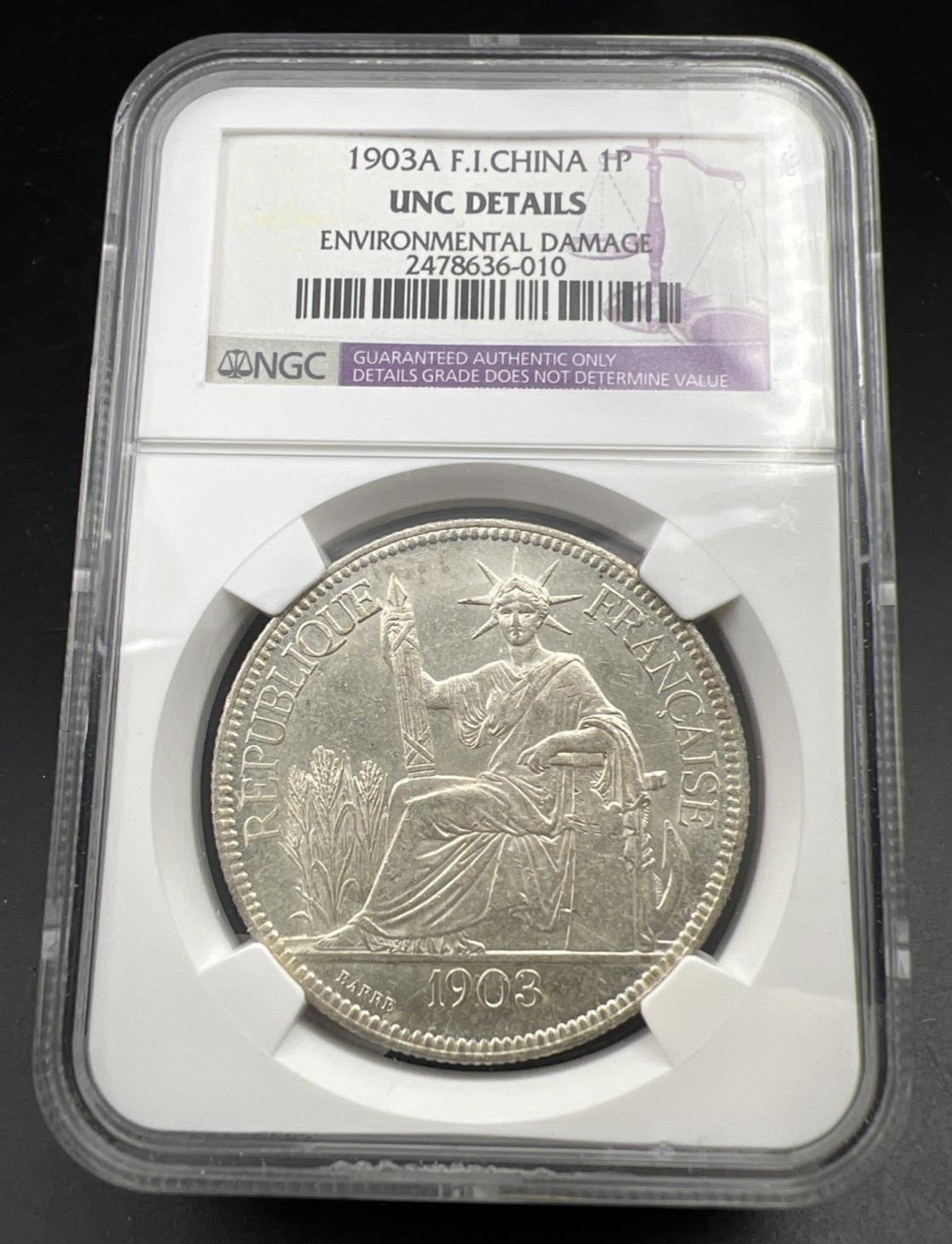1903 A Paris Mint French Indochina Piastre Silver Coin NGC UNC Details