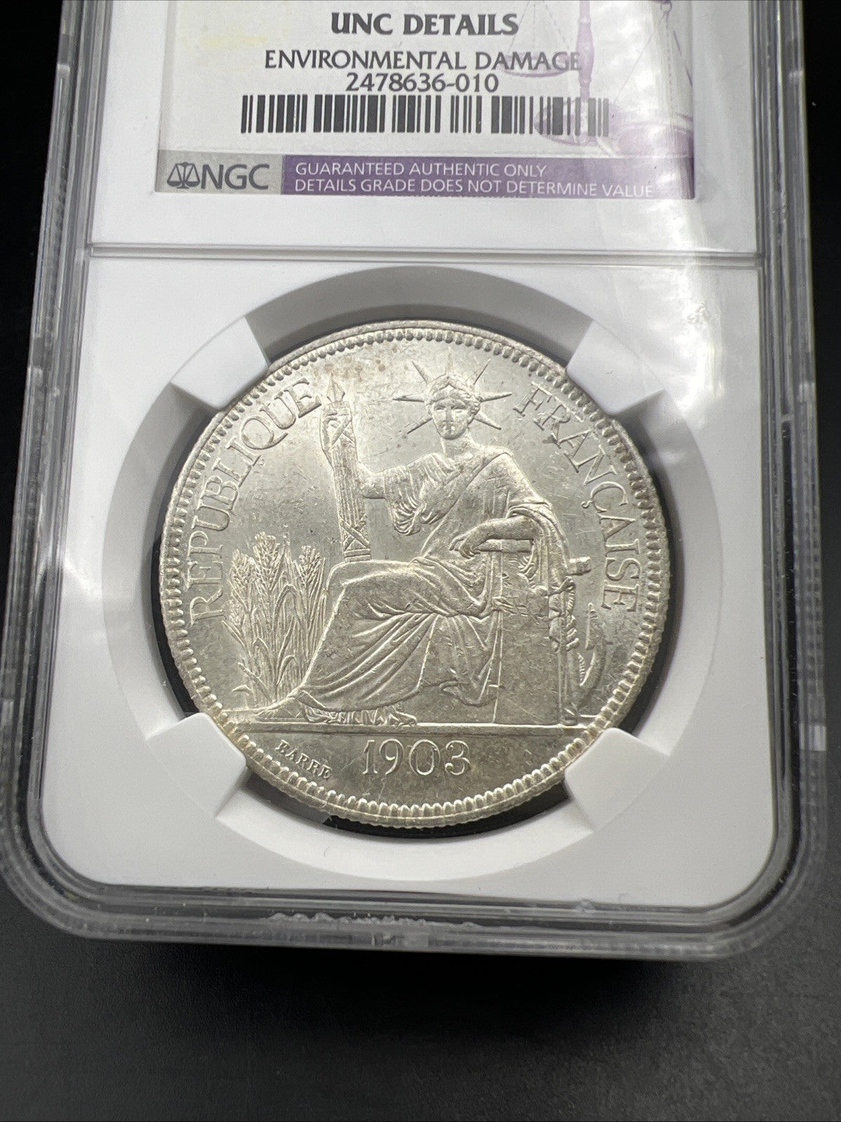 1903 A Paris Mint French Indochina Piastre Silver Coin NGC UNC Details