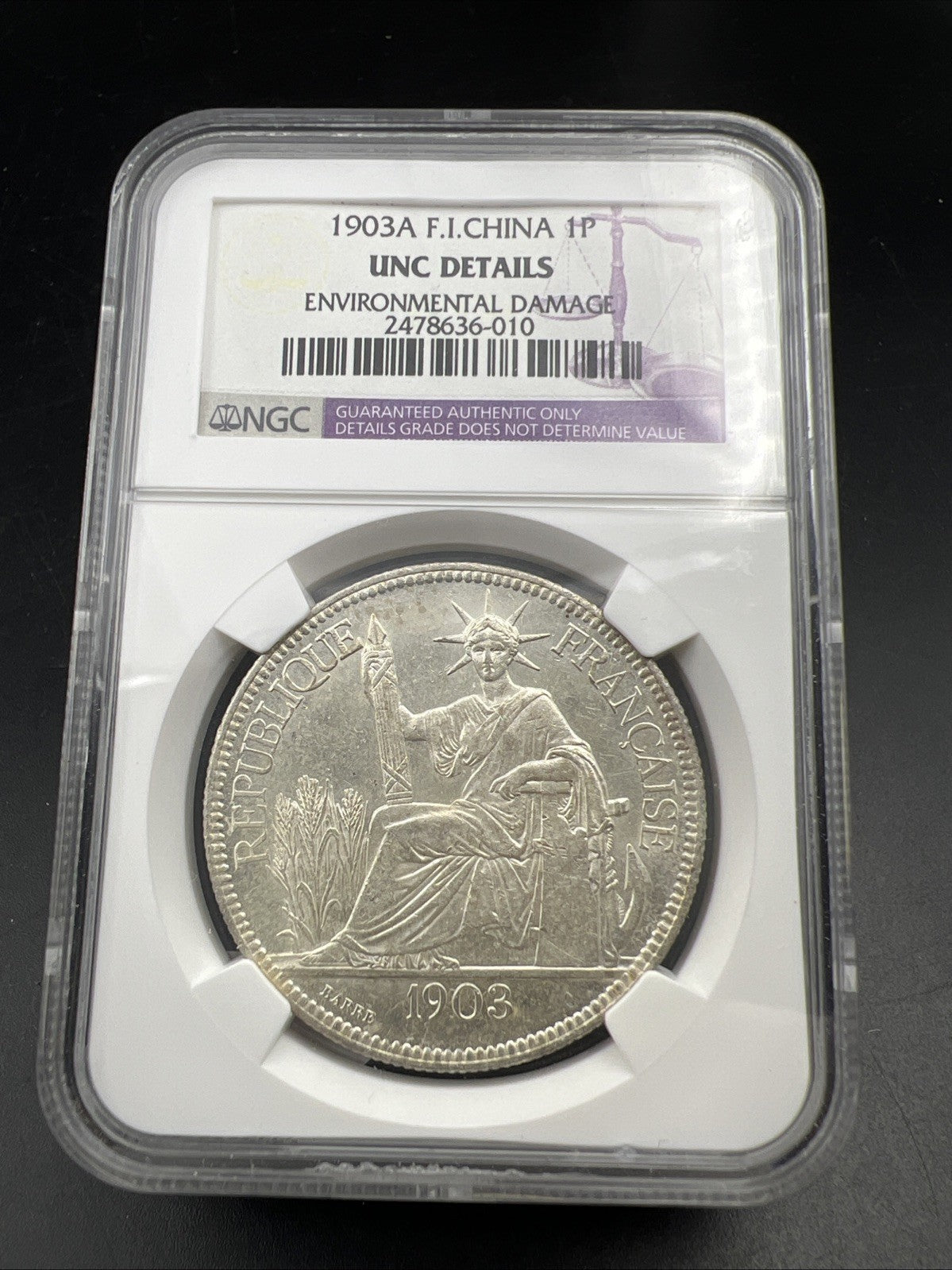1903 A Paris Mint French Indochina Piastre Silver Coin NGC UNC Details