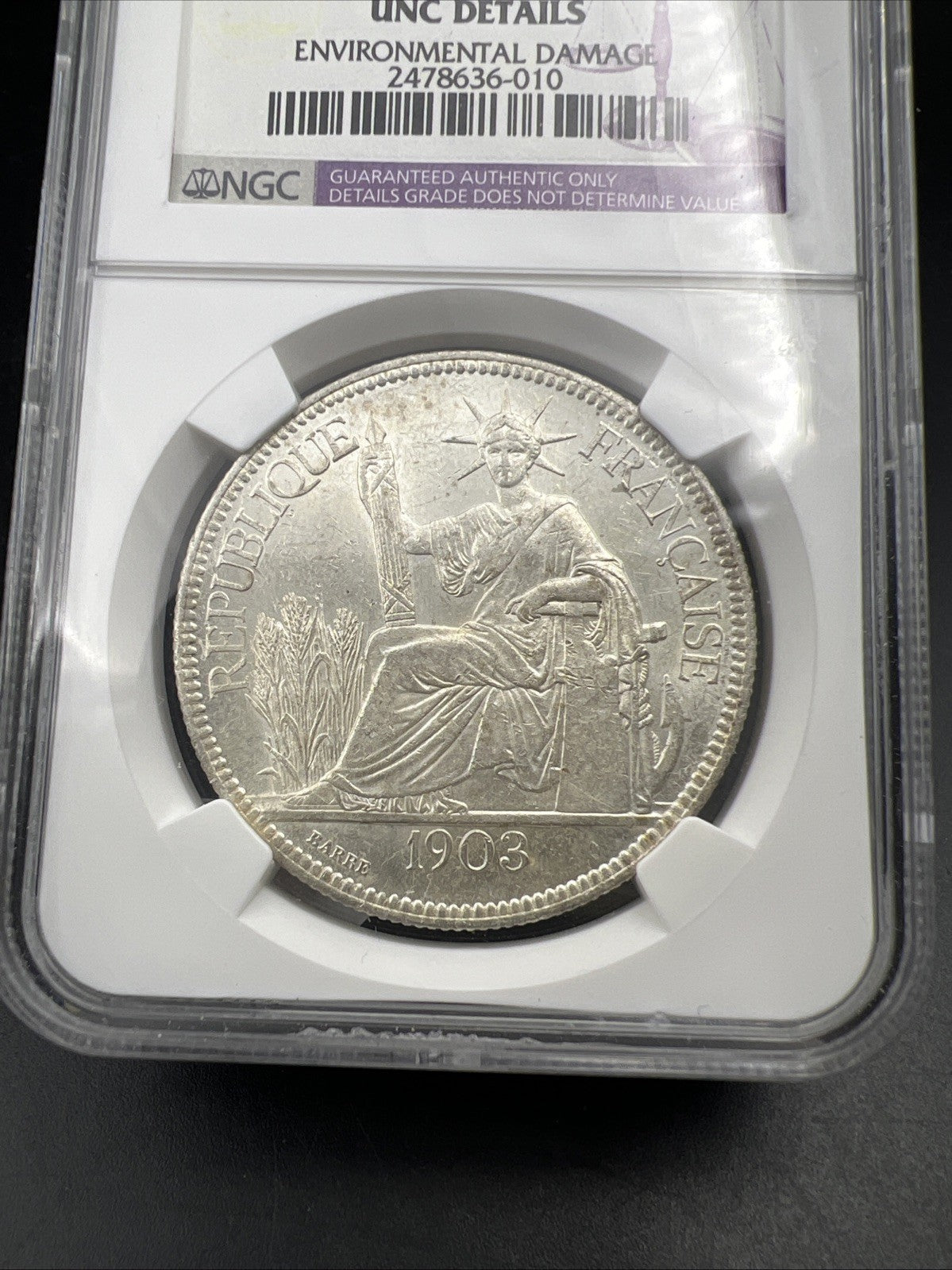 1903 A Paris Mint French Indochina Piastre Silver Coin NGC UNC Details