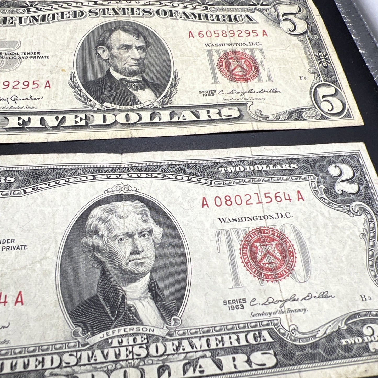 2 Note United States Legal Tender Red Seal Set 1963 $2 & $5 Bills VG+ Circ #564