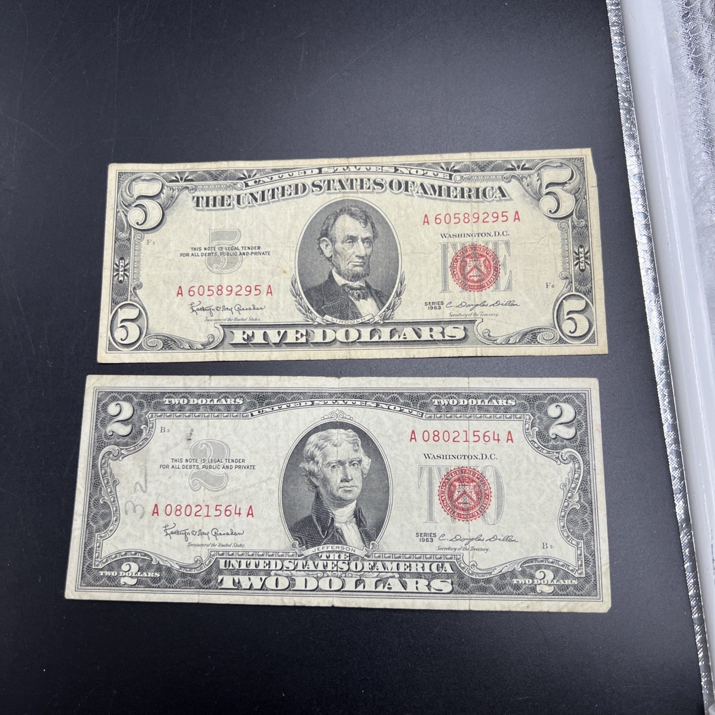 2 Note United States Legal Tender Red Seal Set 1963 $2 & $5 Bills VG+ Circ #564